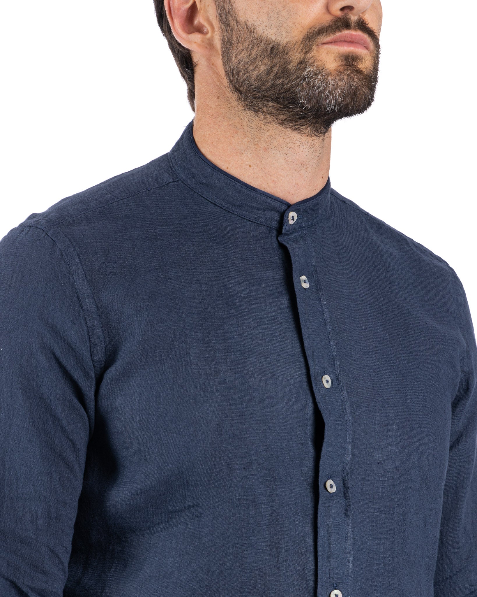 Nizza - camicia coreana in puro lino blu