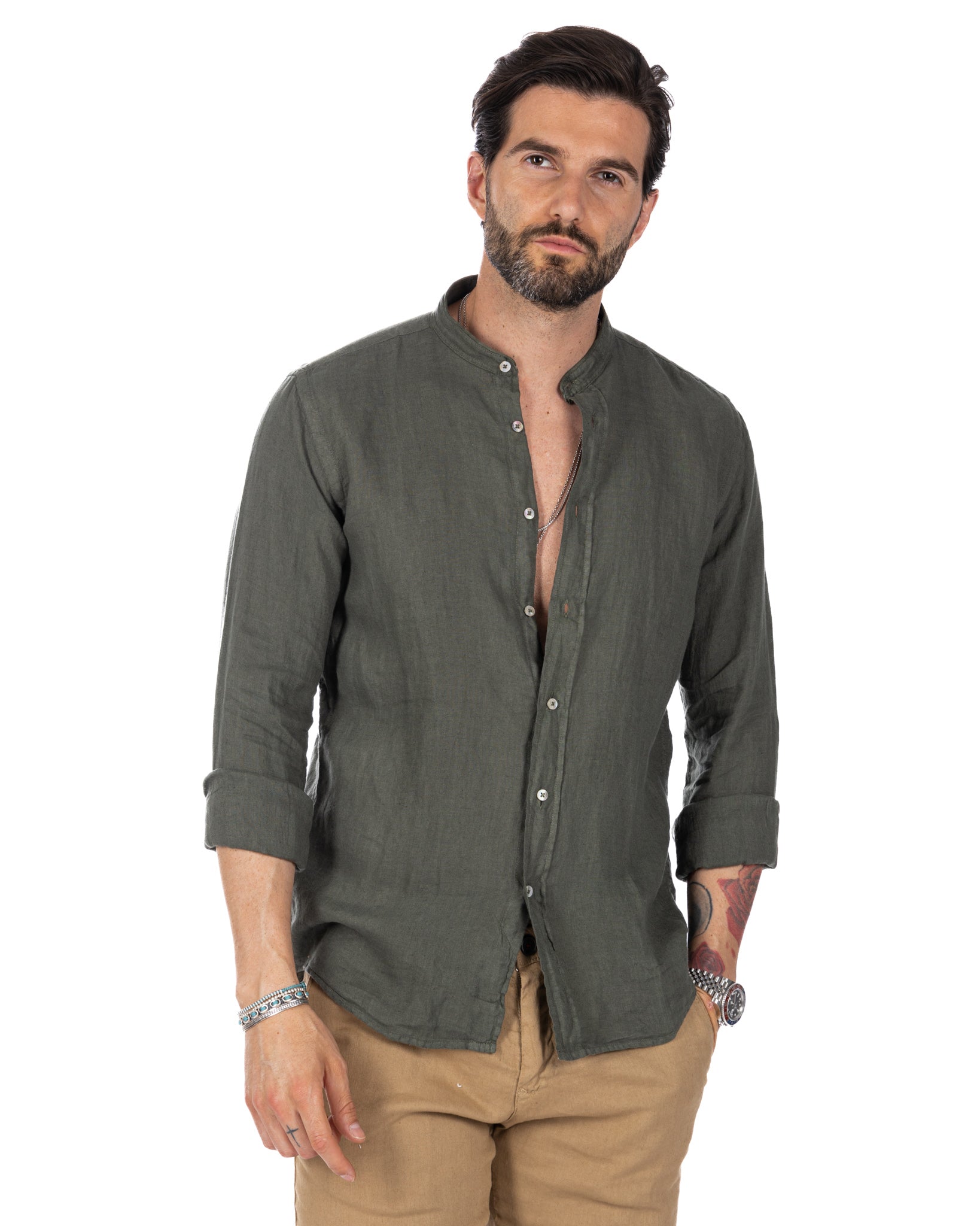 Nizza - camicia coreana in puro lino militare