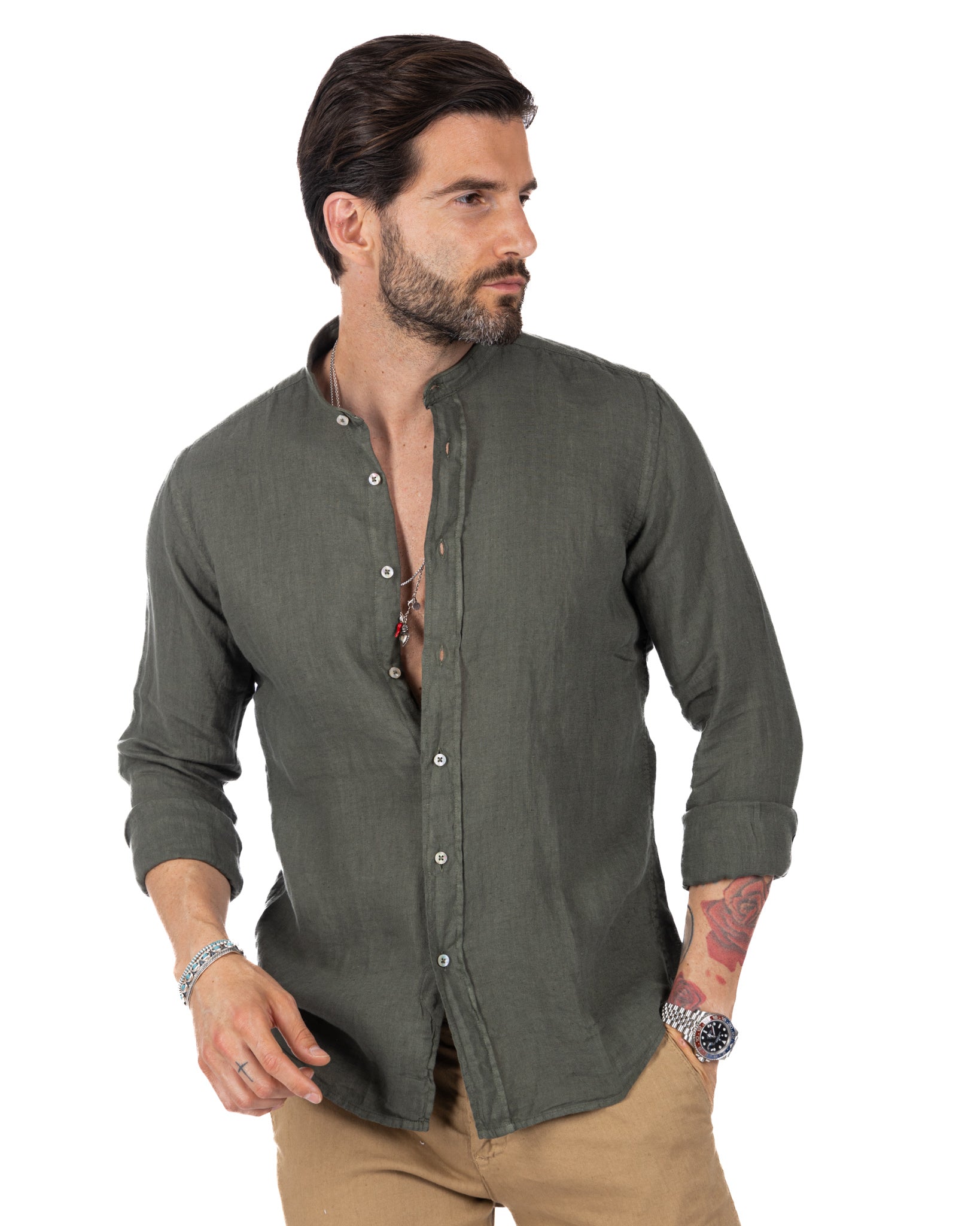 Nizza - camicia coreana in puro lino militare