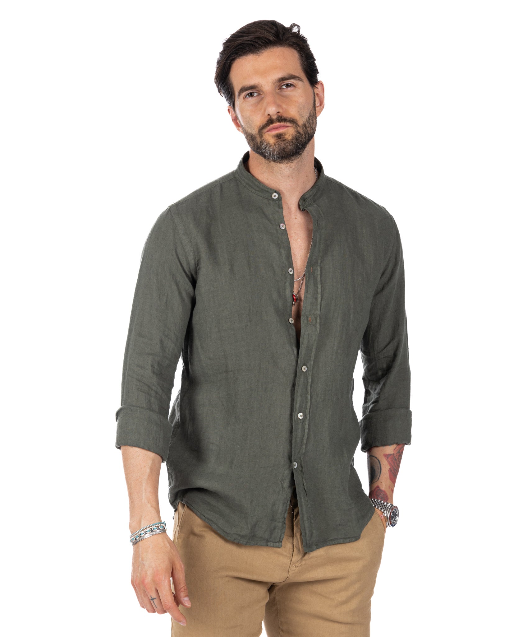 Nizza - camicia coreana in puro lino militare