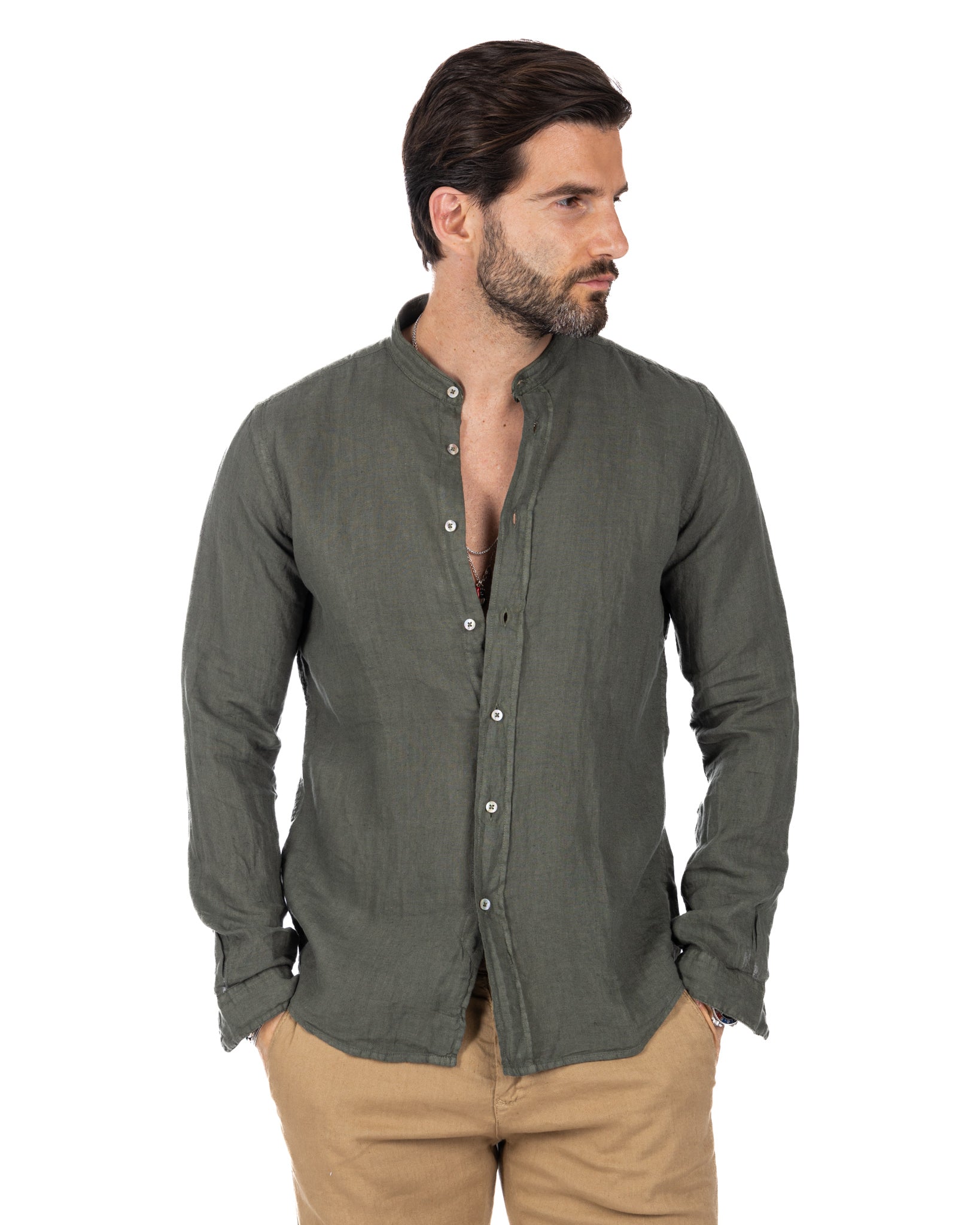 Nizza - camicia coreana in puro lino militare