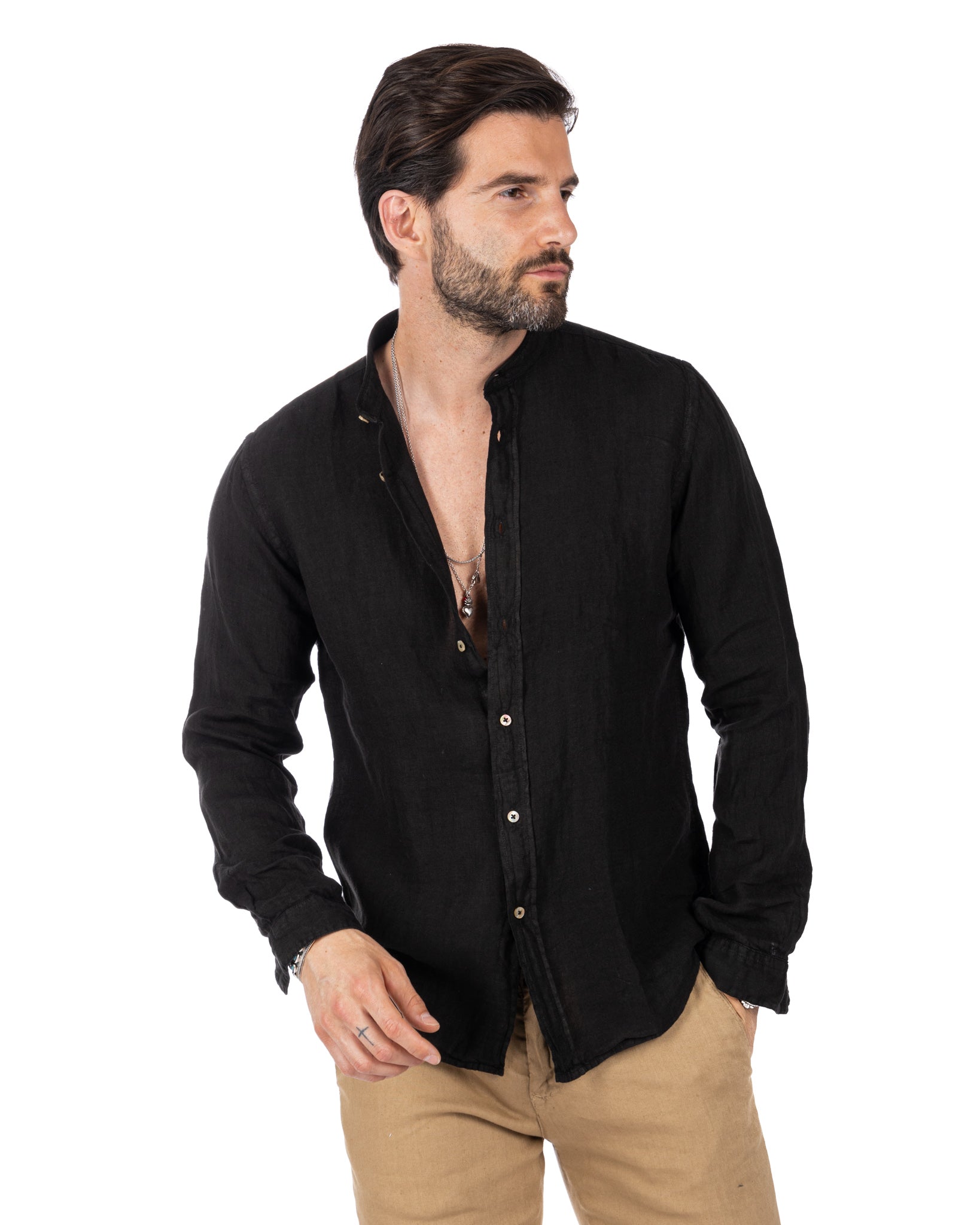 Nizza - camicia coreana in puro lino nero