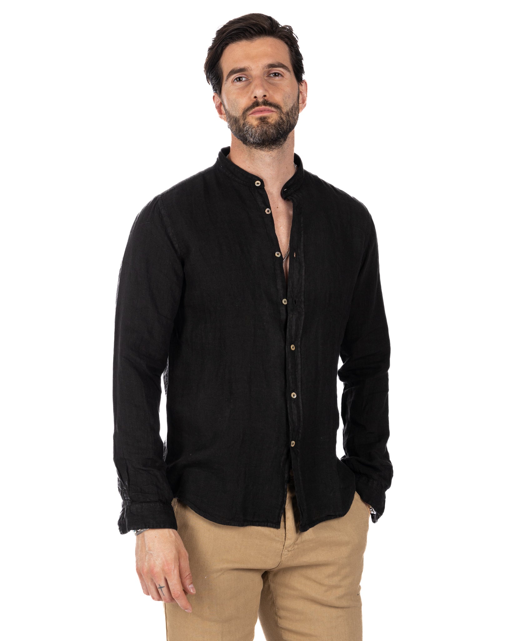 Nizza - camicia coreana in puro lino nero