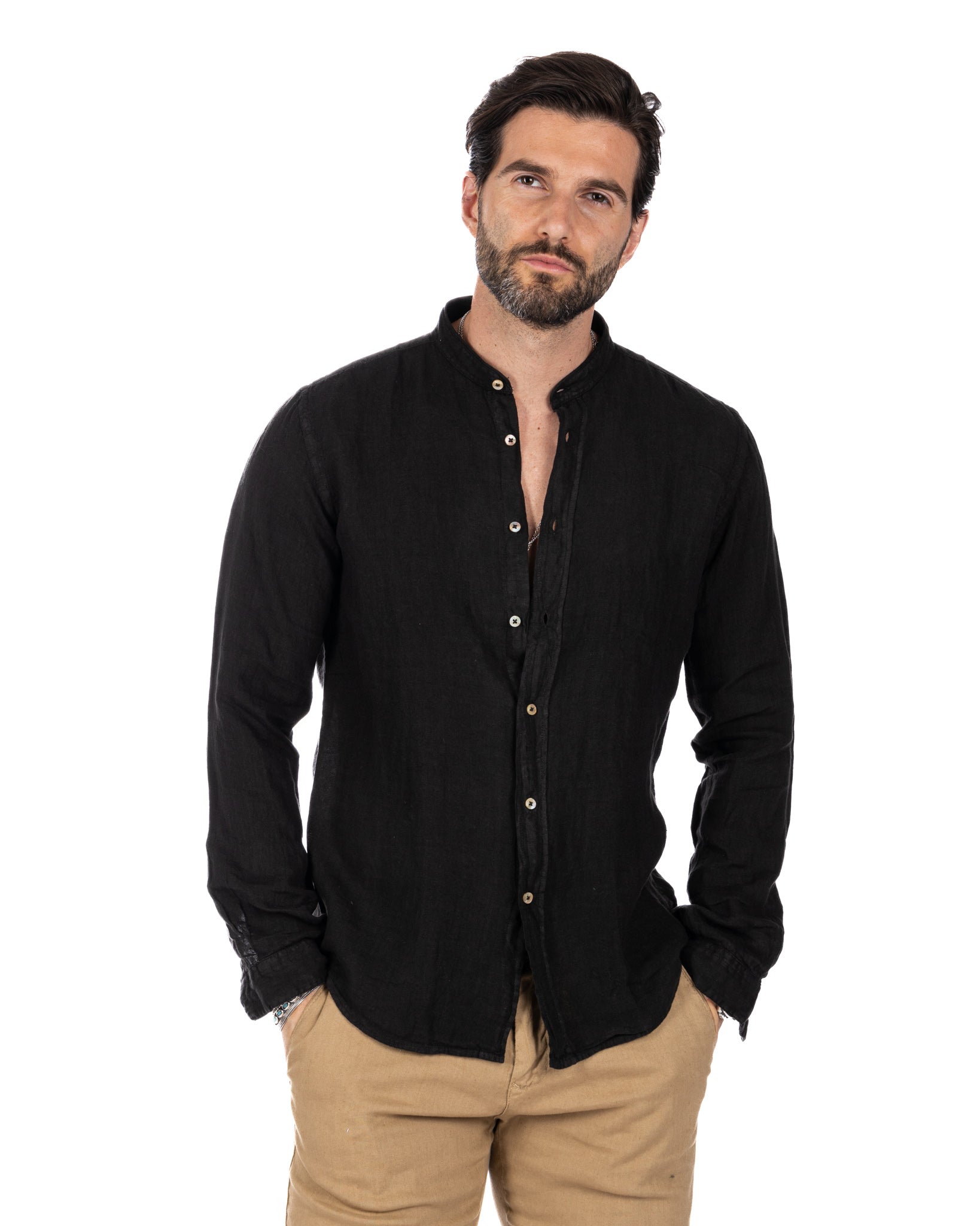 Nizza - camicia coreana in puro lino nero