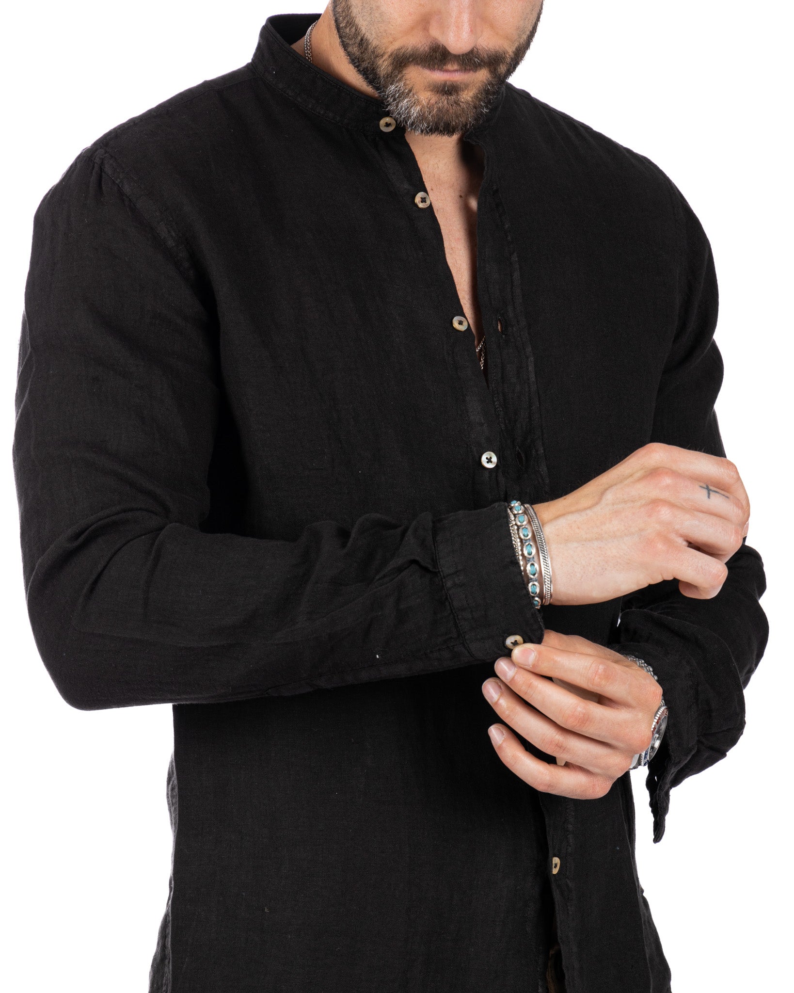 Nizza - camicia coreana in puro lino nero