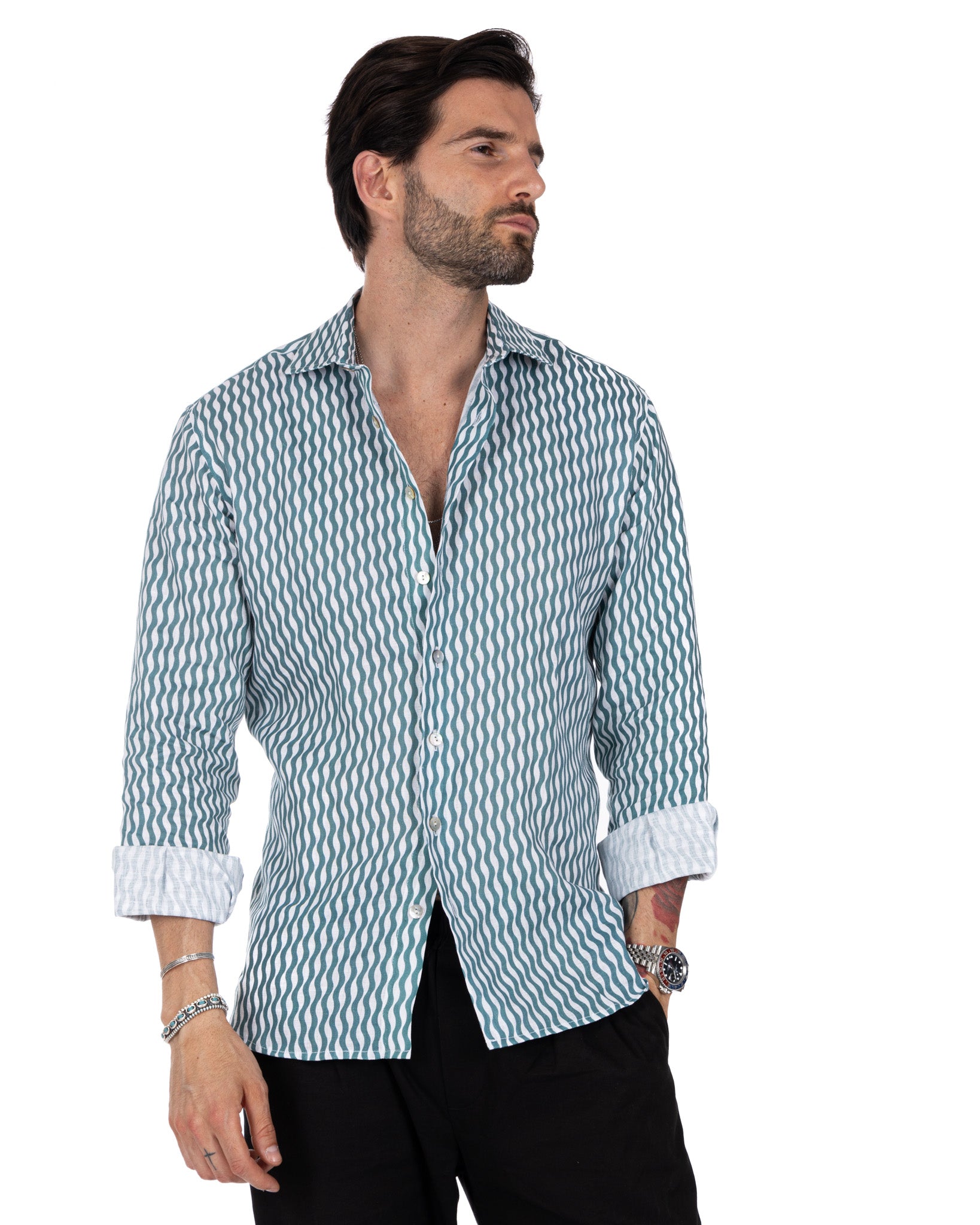 Onda - camicia stampata turchese in lino