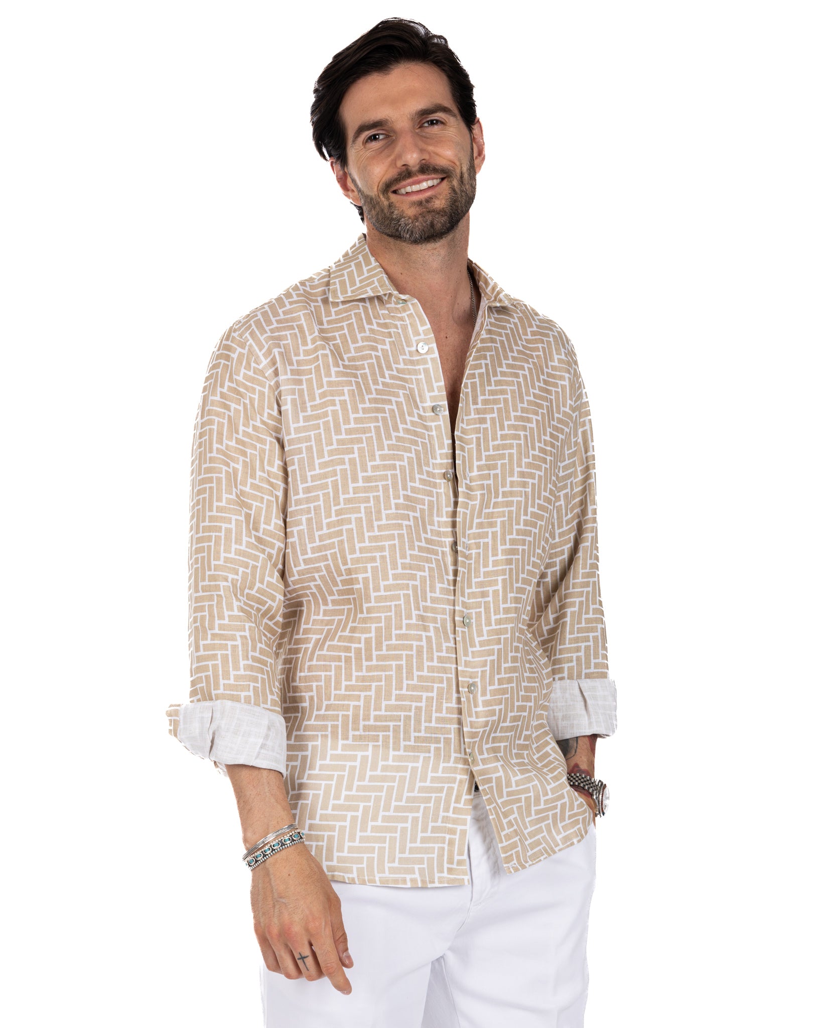 Riggiòla - camicia stampata beige in lino