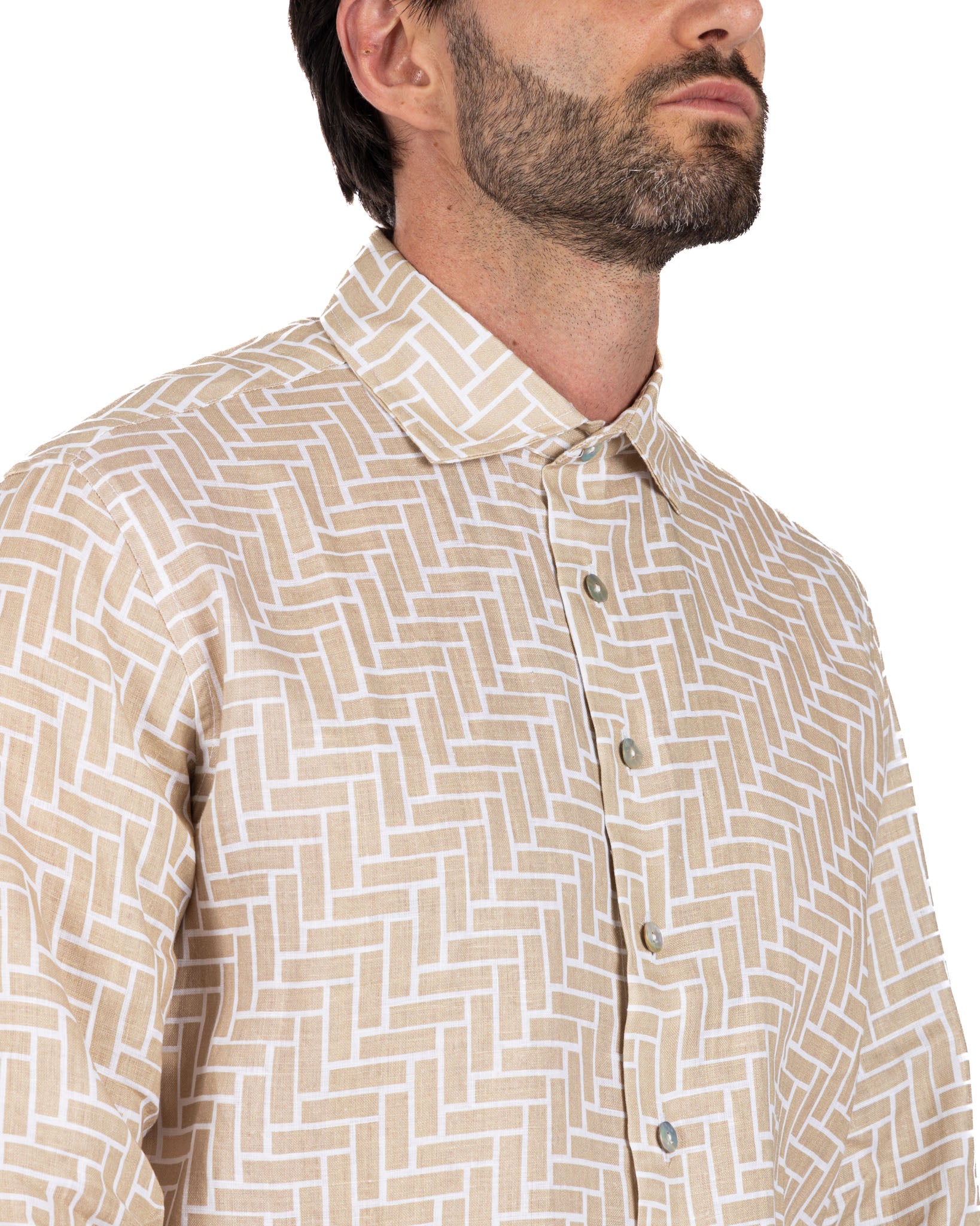 Riggiòla - camicia stampata beige in lino