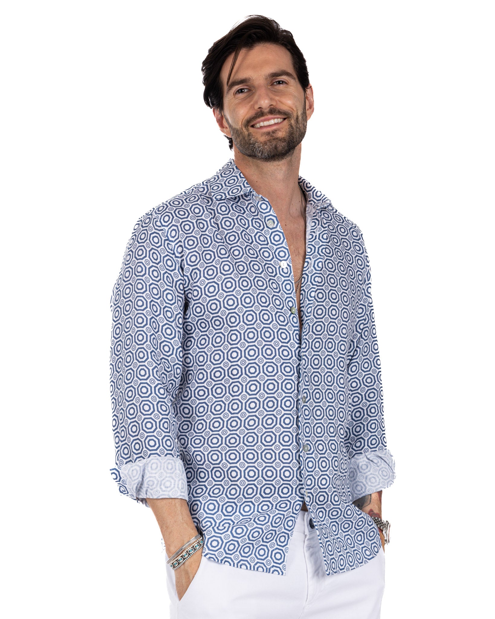 Maiolica - camicia stampata blu in lino