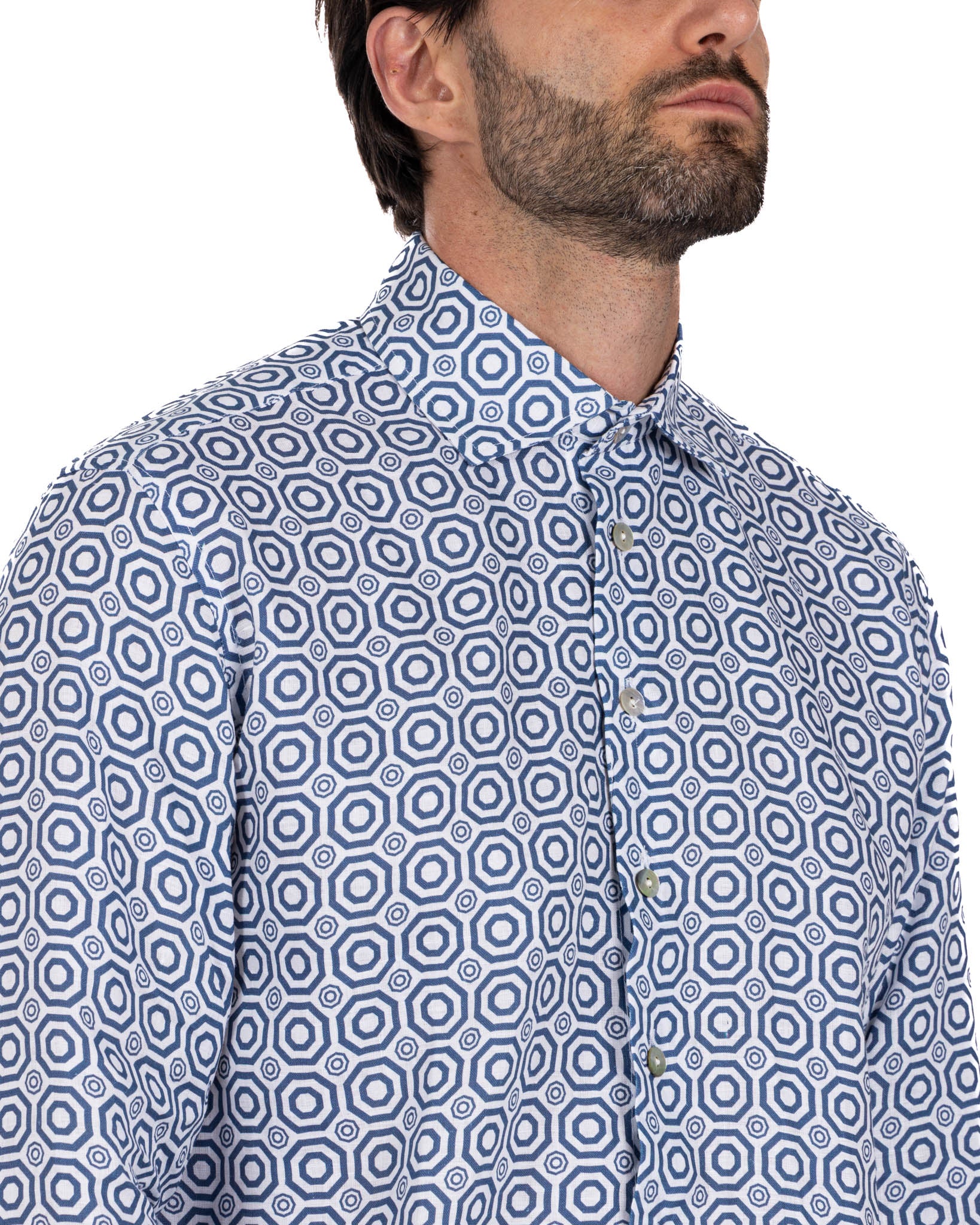 Maiolica - camicia stampata blu in lino