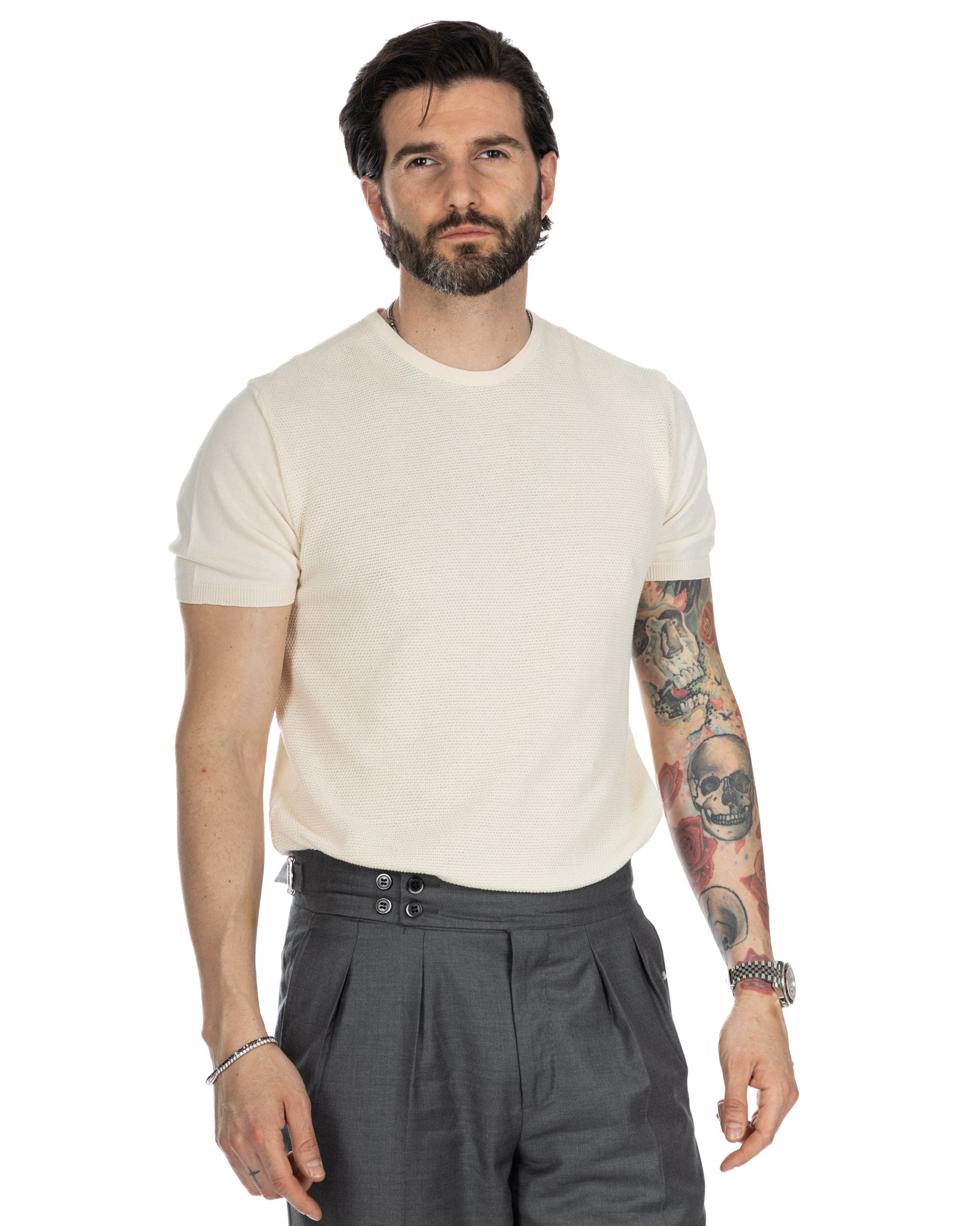 Lorenzo - t-shirt panna in maglia jacquard