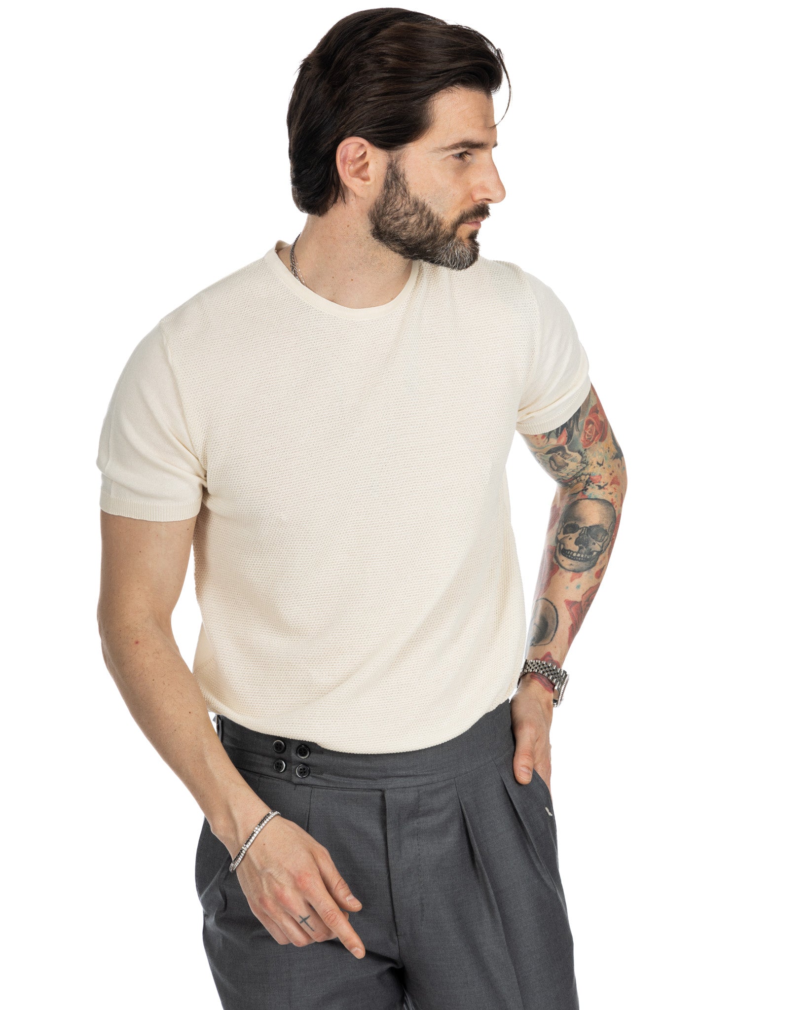 Lorenzo - t-shirt panna in maglia jacquard