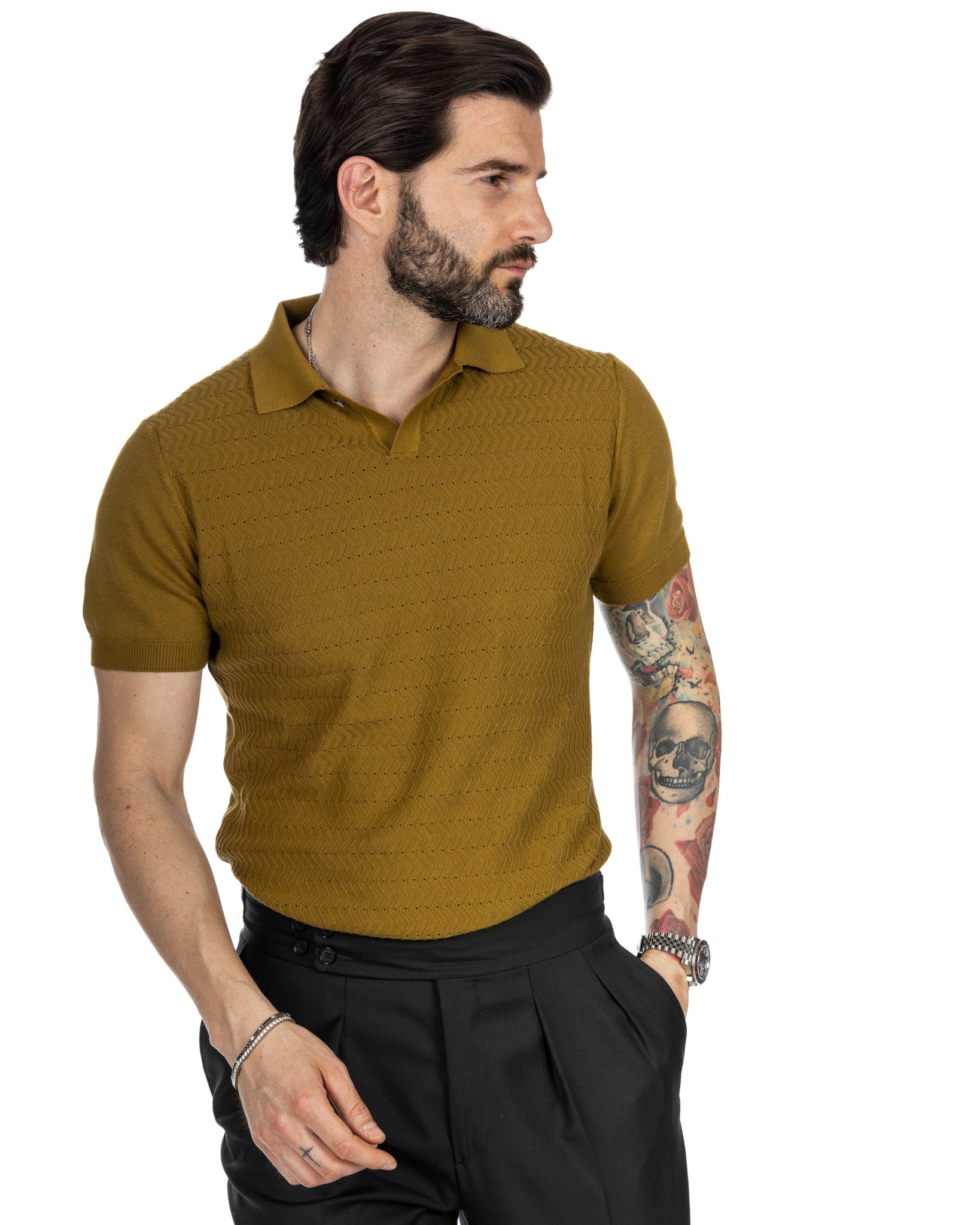 Stefanos - polo cammello jacquard in maglia