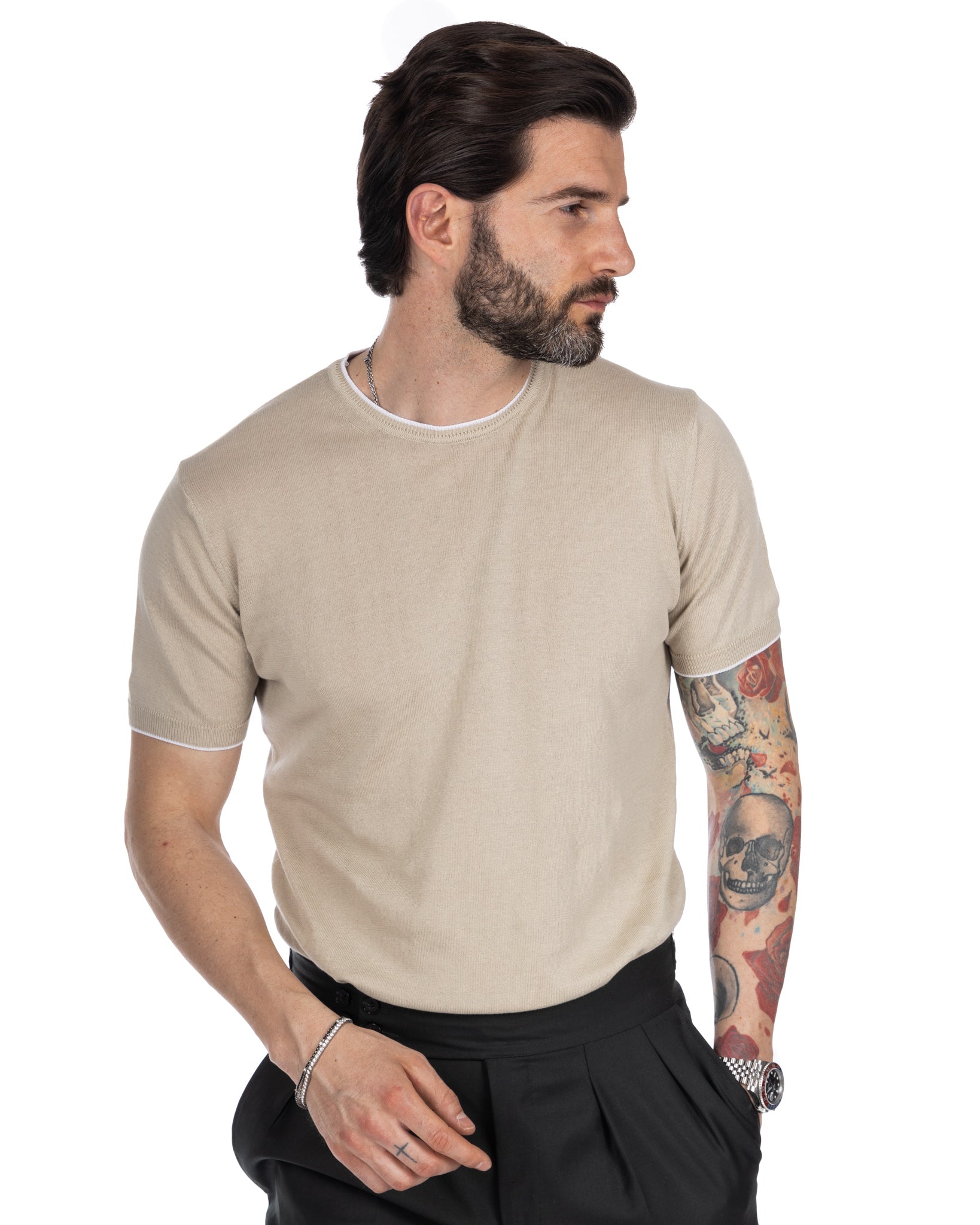 Holger - t-shirt beige a maglia con contrasto