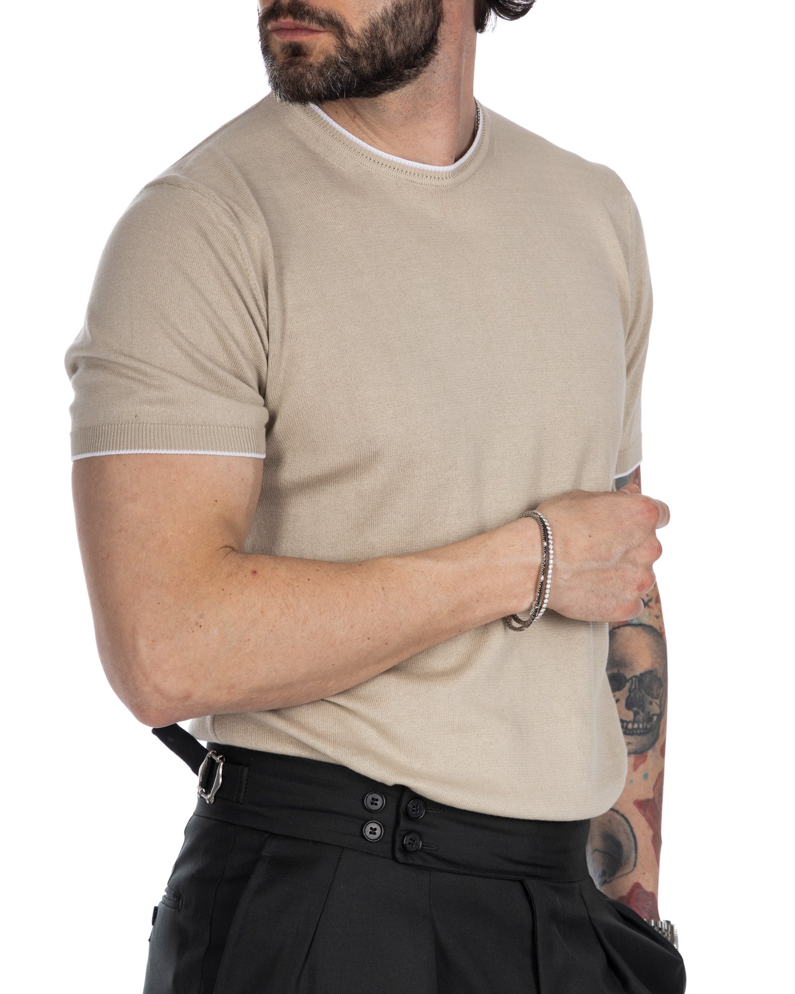 Holger - t-shirt beige a maglia con contrasto