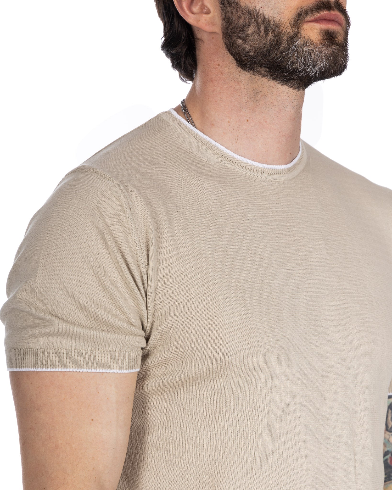 Holger - t-shirt beige a maglia con contrasto