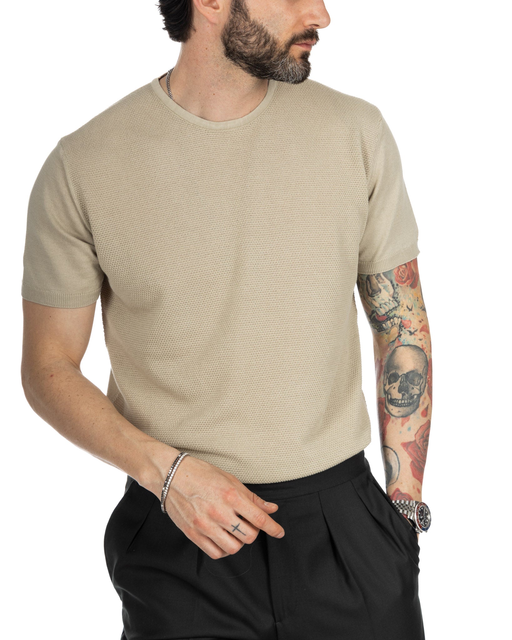 Lorenzo - t-shirt beige in maglia jacquard