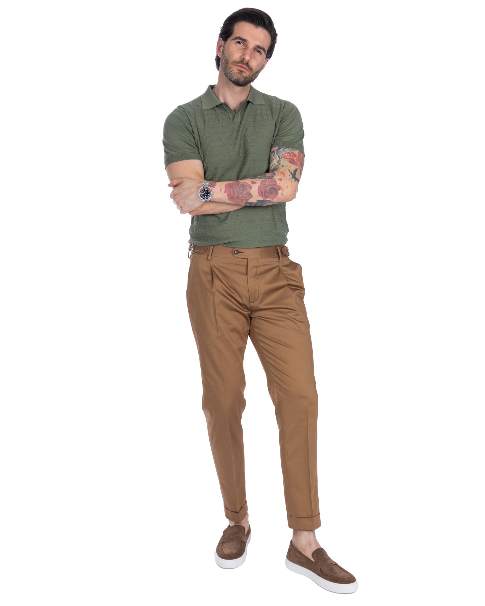 James - pantalone cammello vita alta con fibbie
