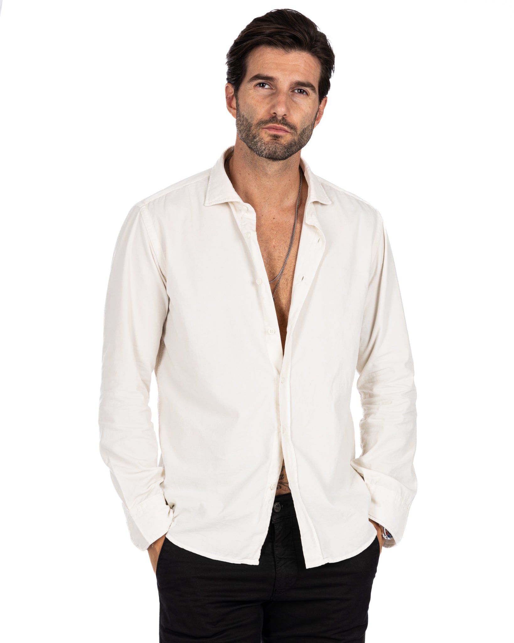 Vega - camicia panna in velluto mille righe