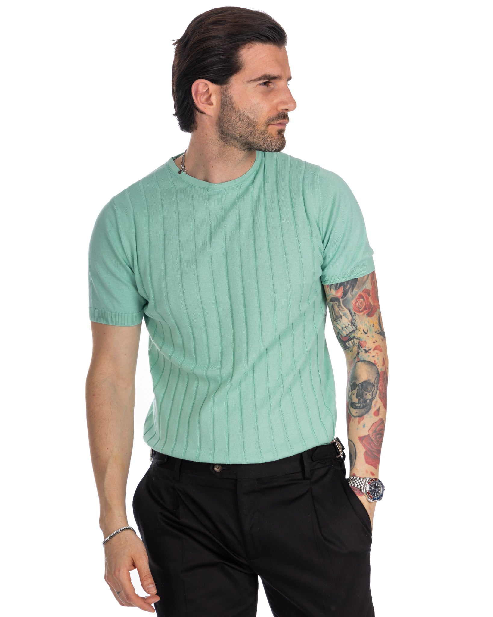 Andreas - t-shirt menta a coste in maglia