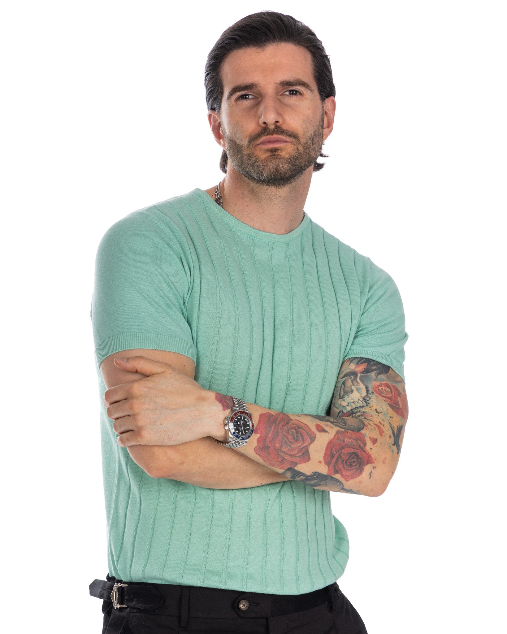 Andreas - t-shirt menta a coste in maglia