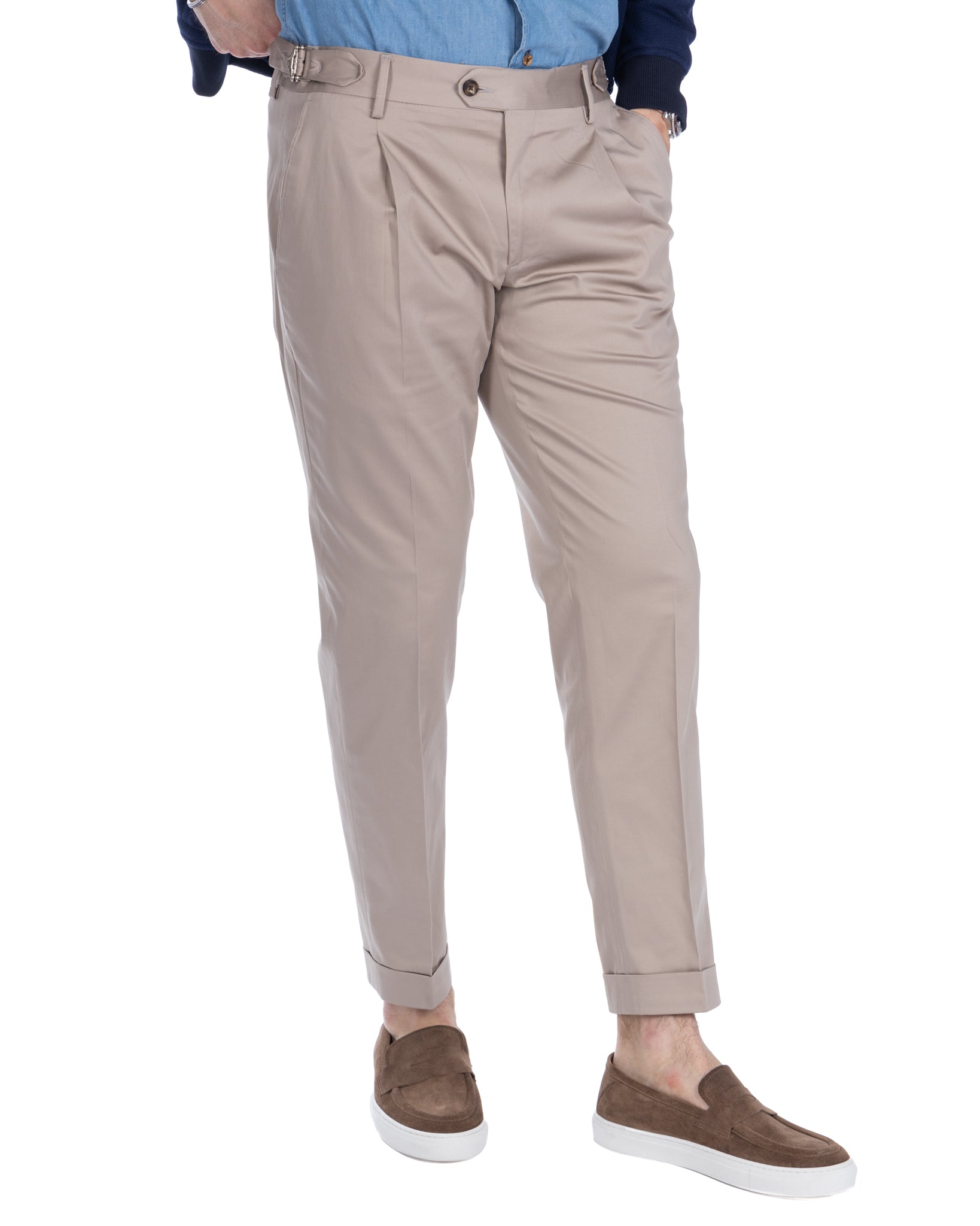 James - pantalone beige vita alta con fibbie