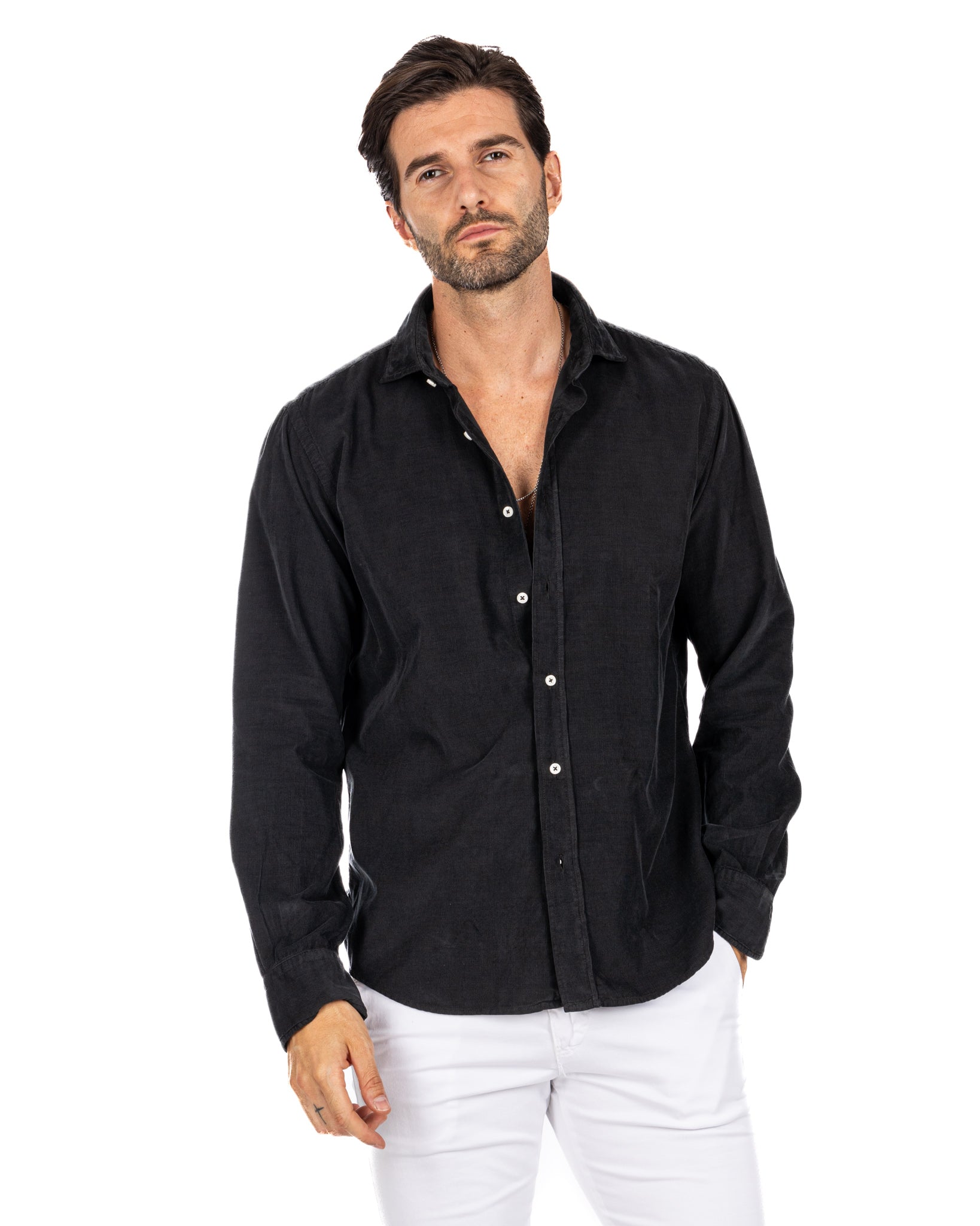 Vega - black thousand-stripe velvet shirt