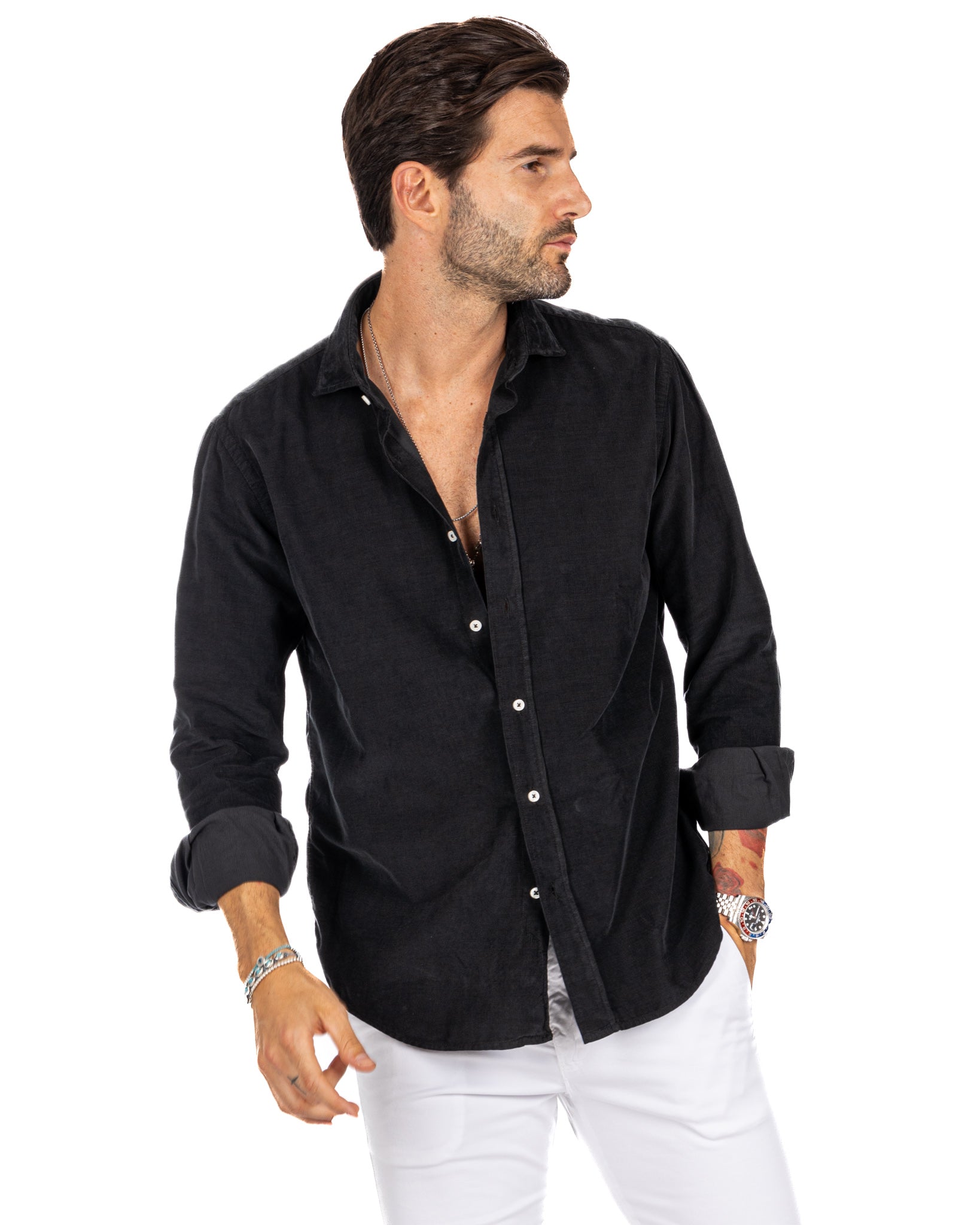 Vega - camicia nera in velluto mille righe