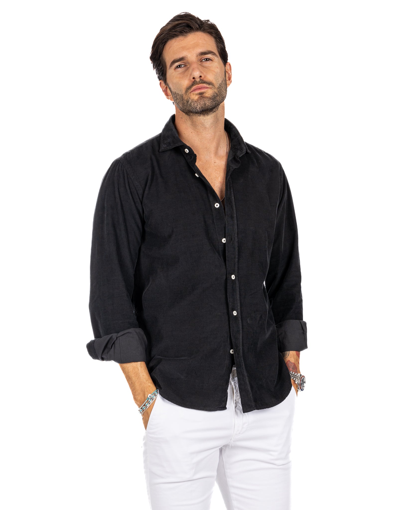 Vega - black thousand-stripe velvet shirt
