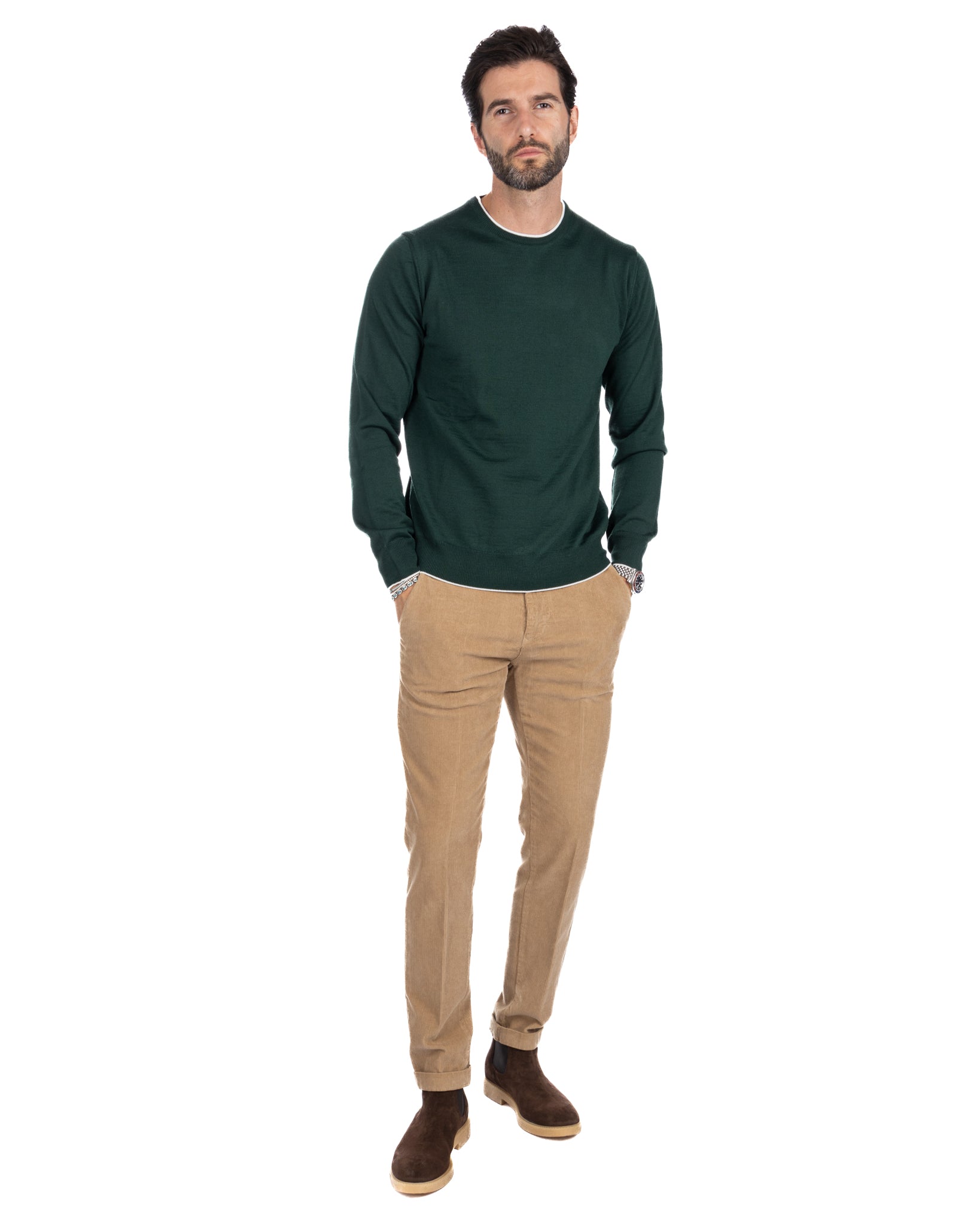 Seve - maglione verde con bordo panna