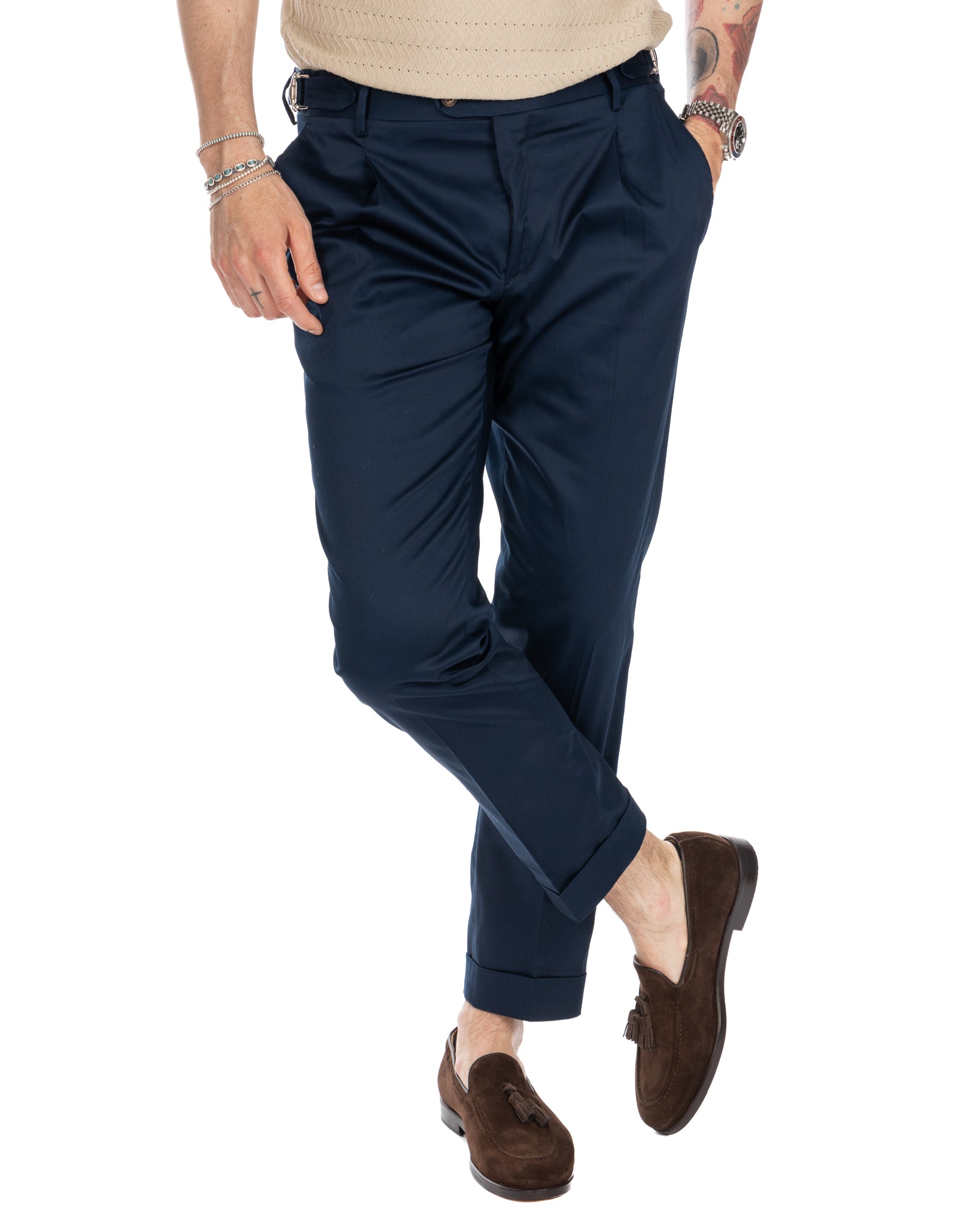 James - pantalone blu vita alta con fibbie