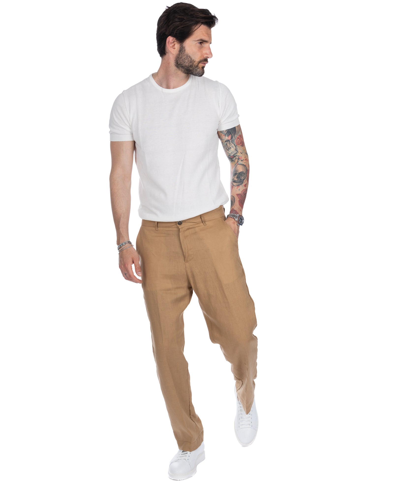 Lucas - pantalone largo cammello in puro lino