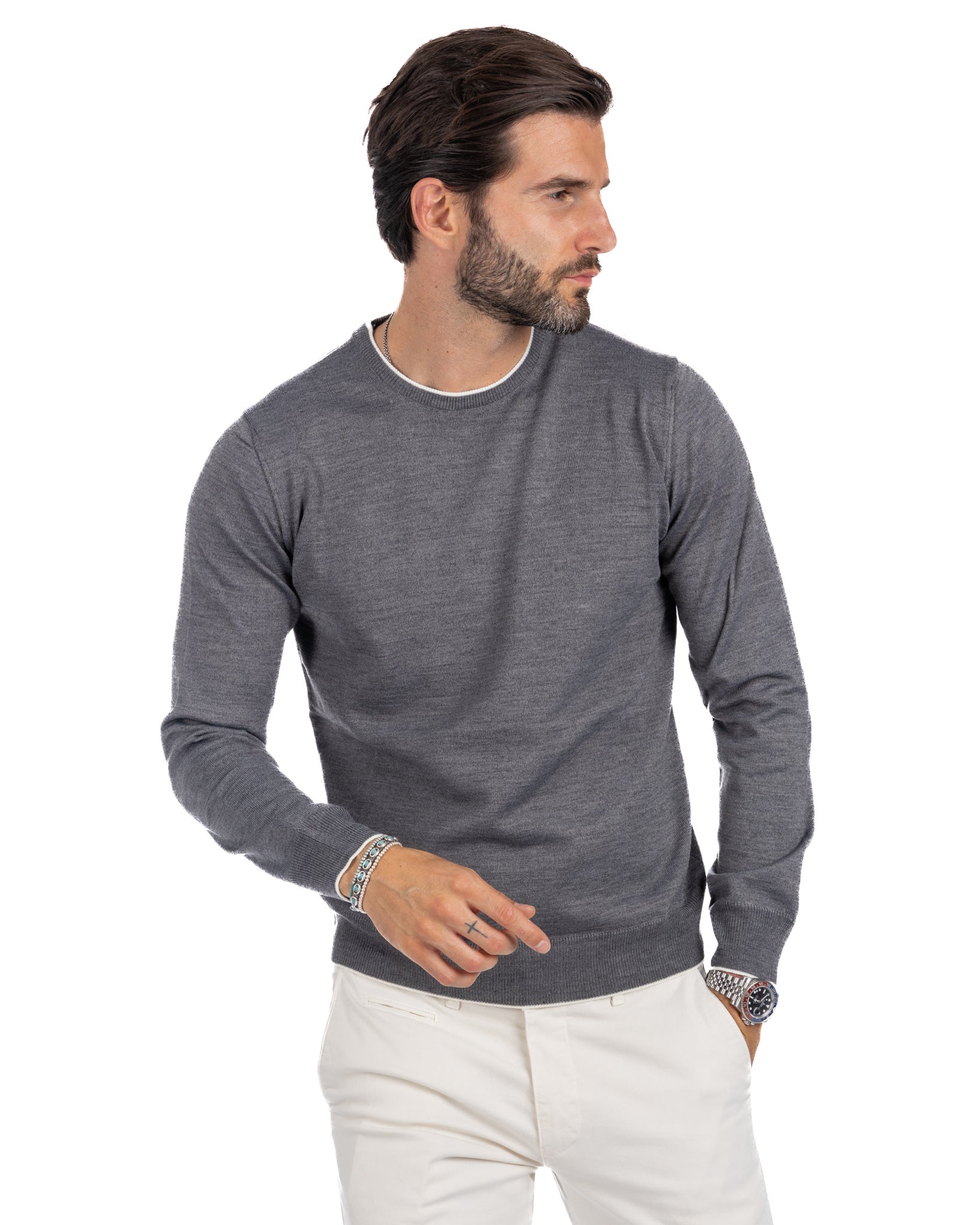 Seve - maglione grigio con bordo bianco