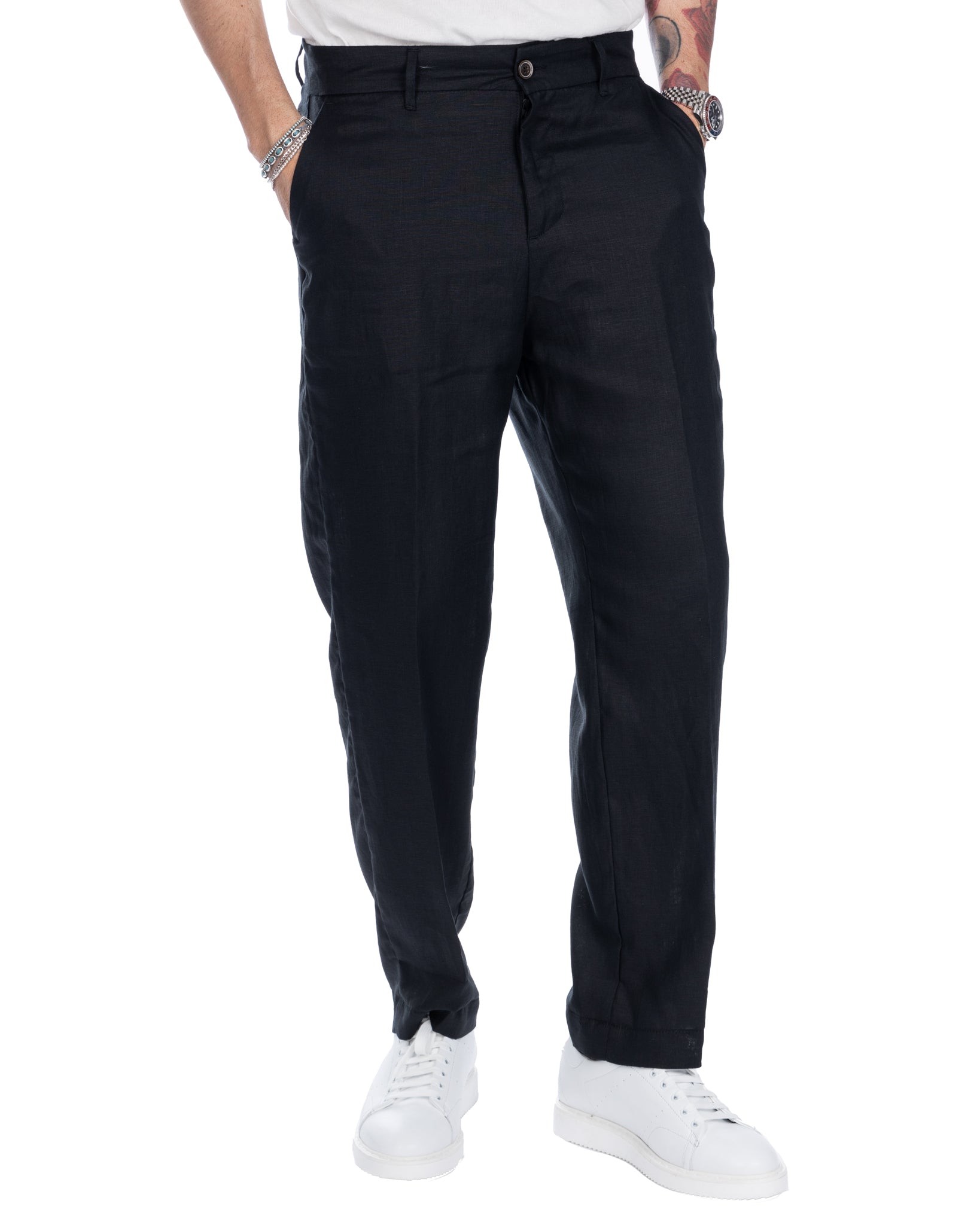 Lucas - pantalone largo in puro lino nero