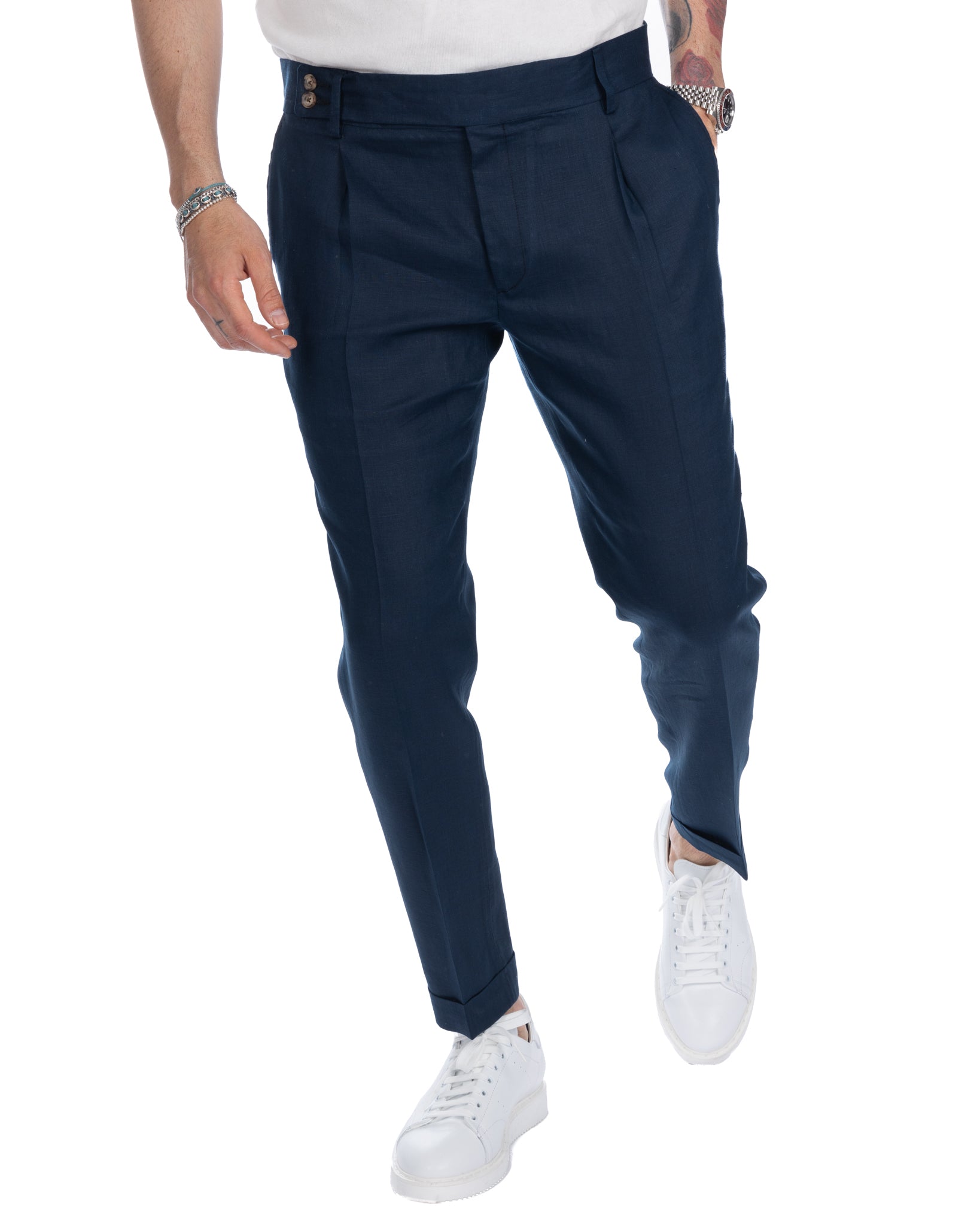 Sorso - pantalone vita alta blu in puro lino