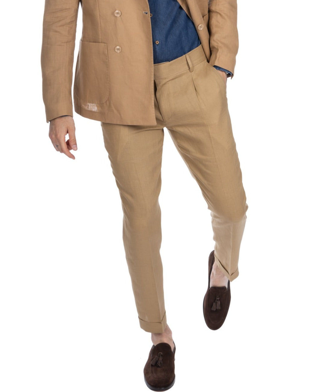 Sorso - pantalon taille haute camel en pur lin