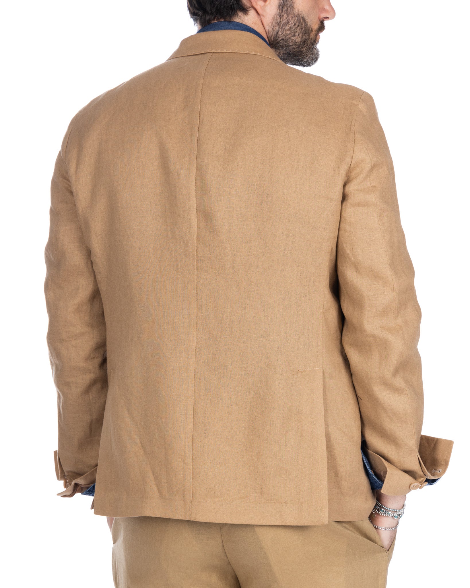 Baunei - giacca doppiopetto puro lino cammello