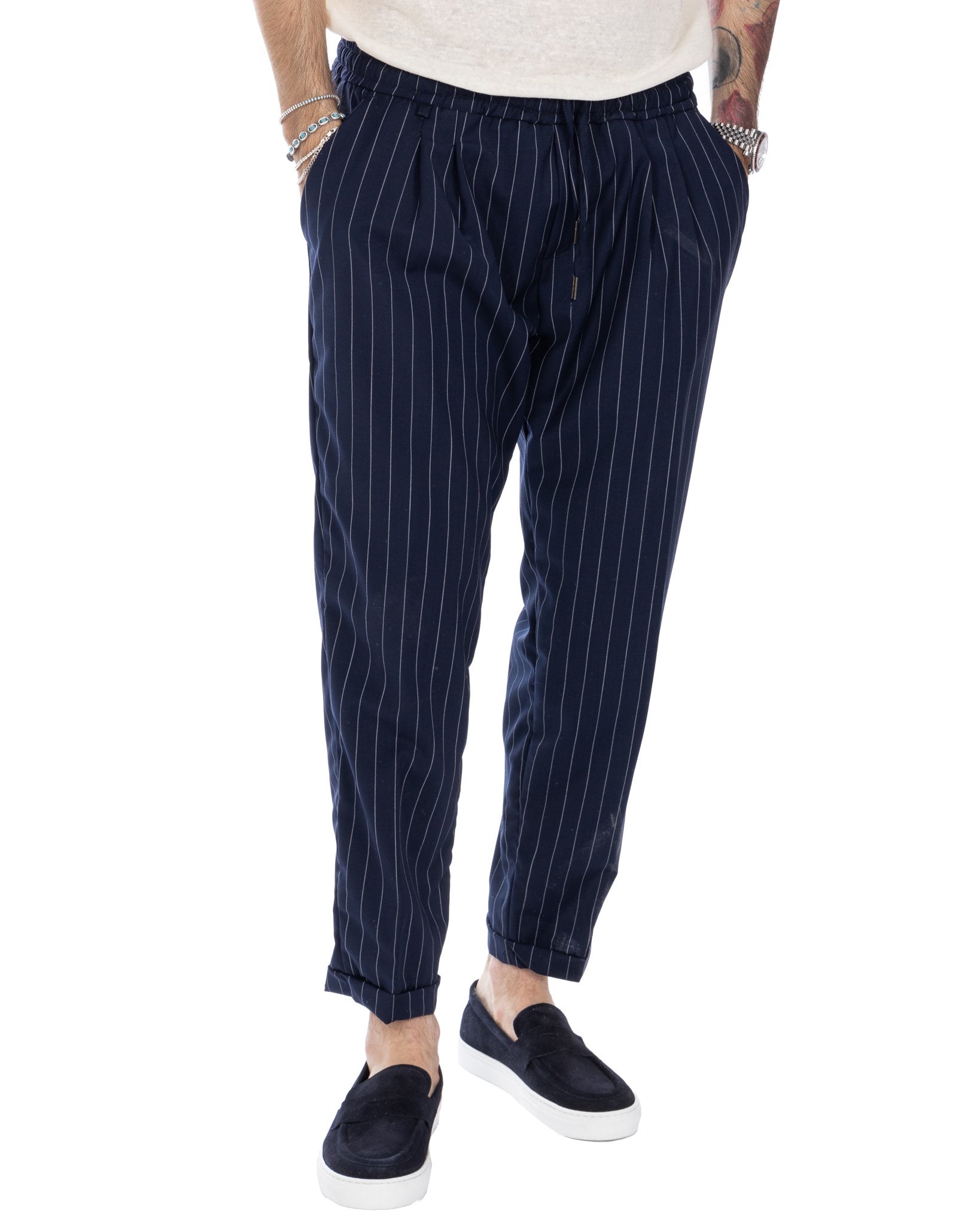 Elijah - pantalon bleu à fines rayures en laine mélangée