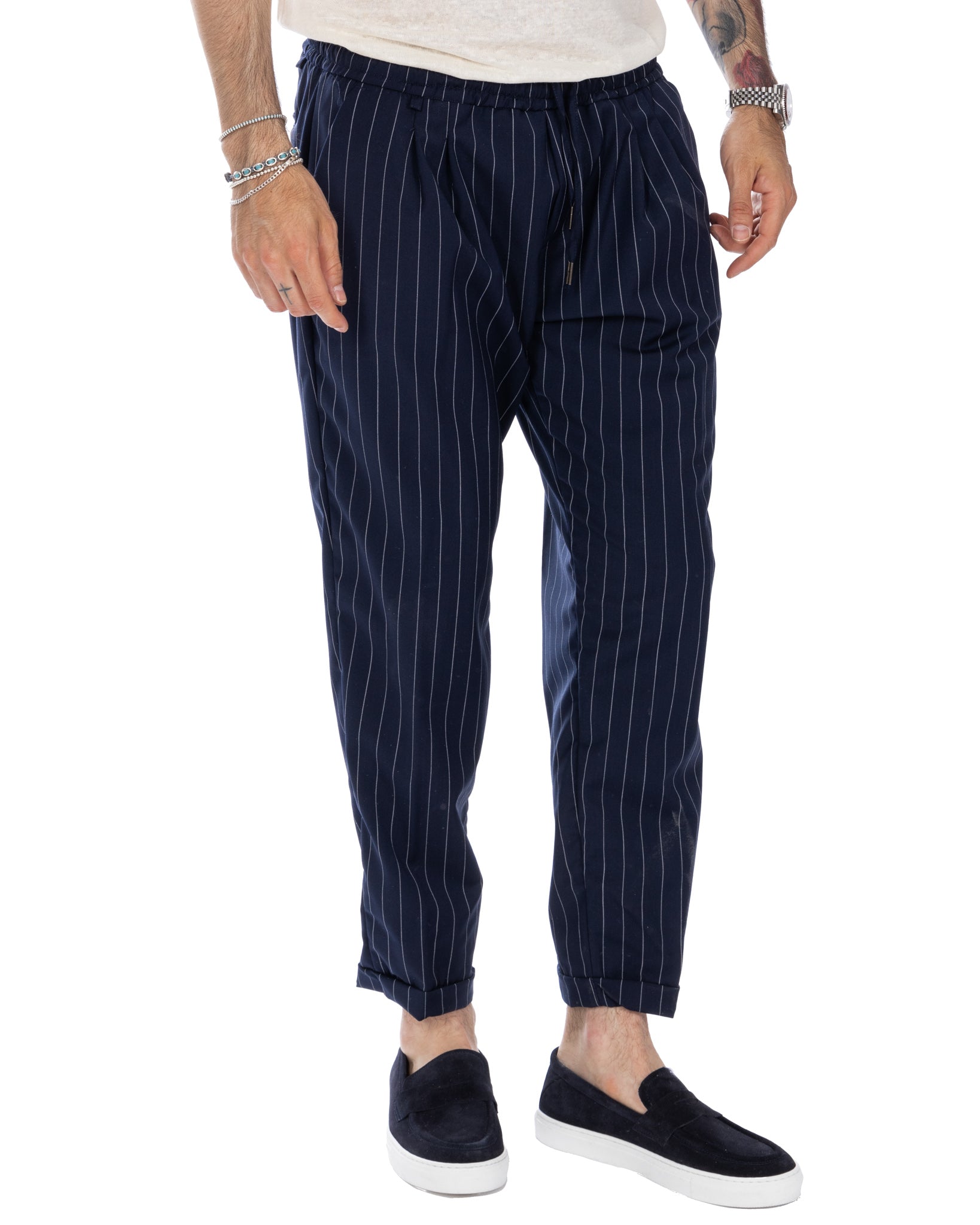 Elijah - pantalaccio gessato blu in misto lana