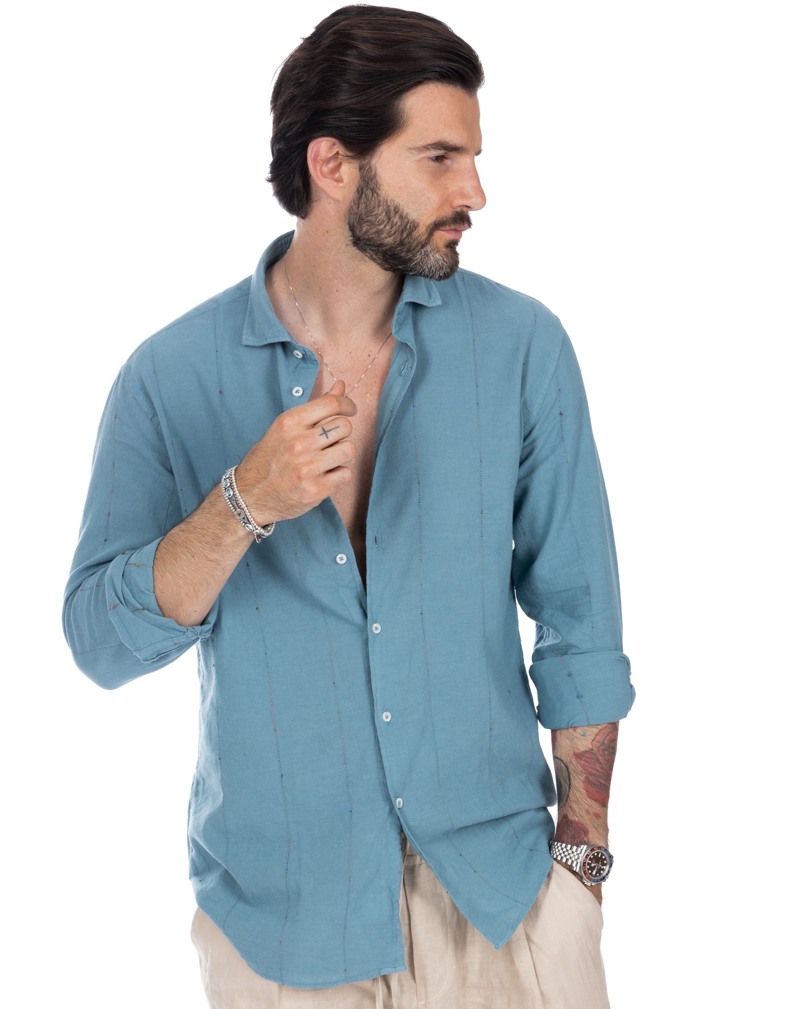 Arcobaleno - camicia ottanio con ricami