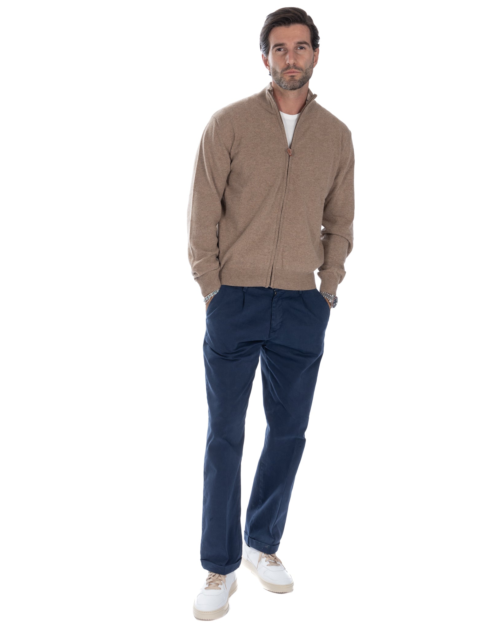 Matt - maglione tabacco full zip in misto cachemire