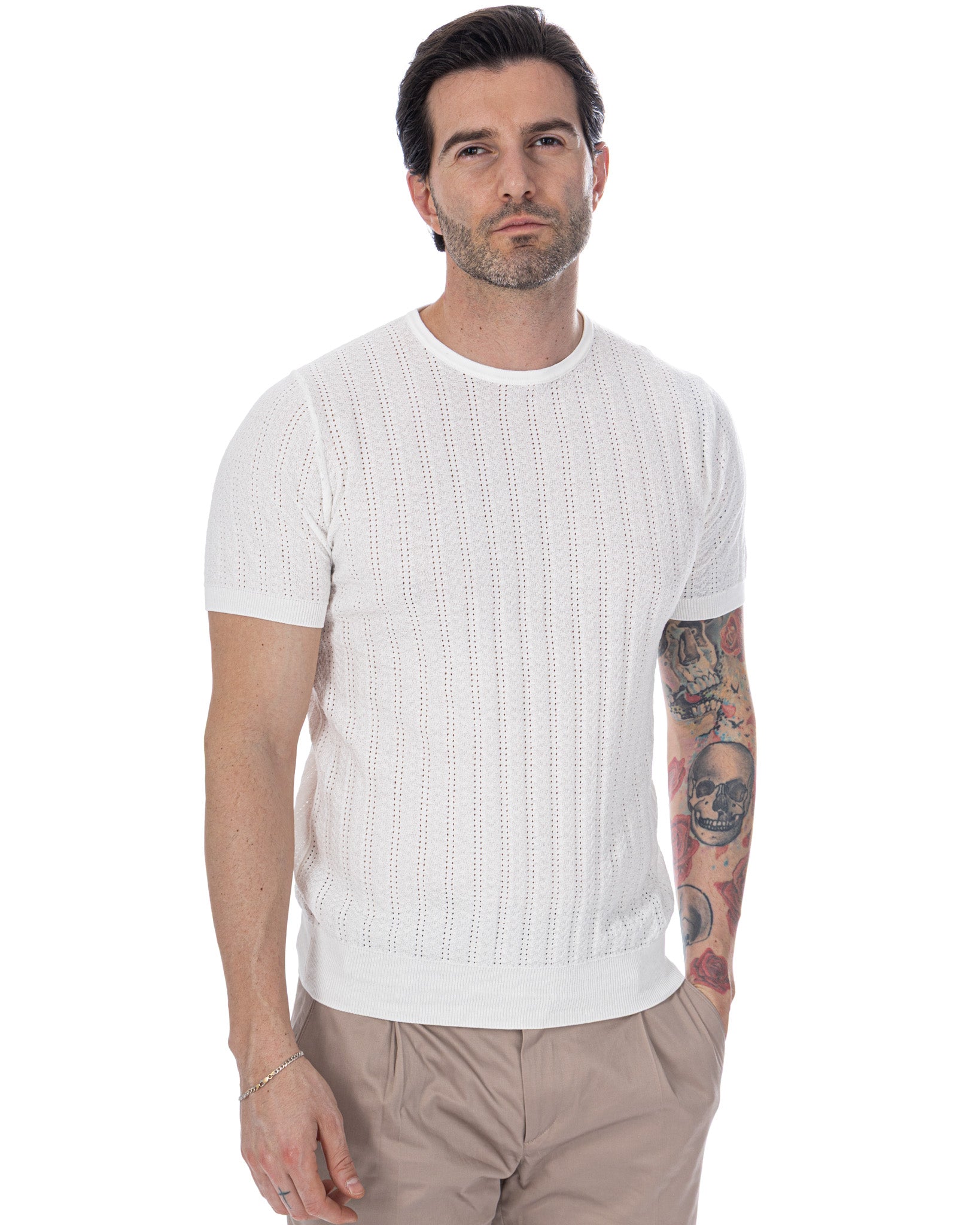 Nick - t-shirt a maglia traforata bianca