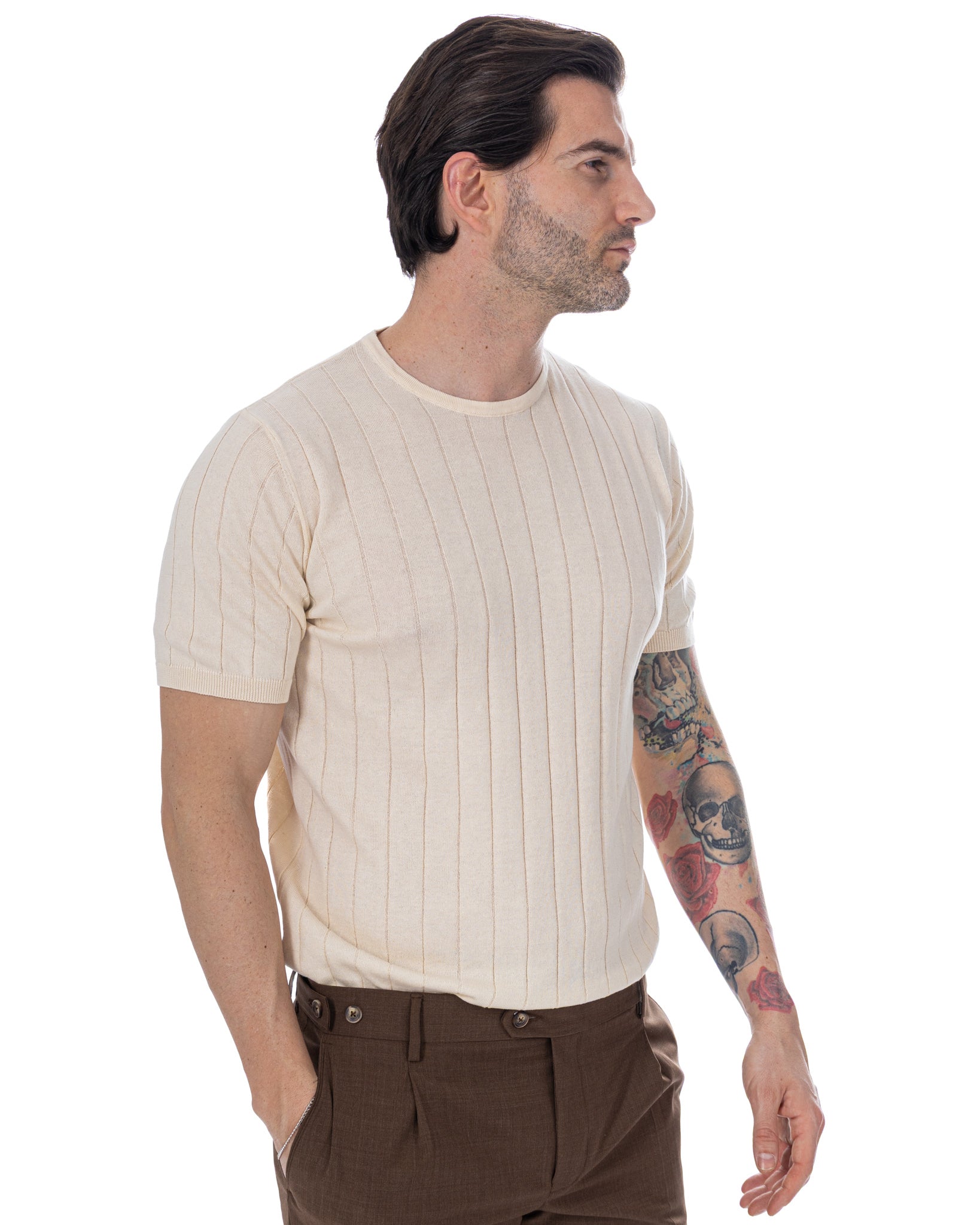 Adriano - t-shirt a coste in maglia panna