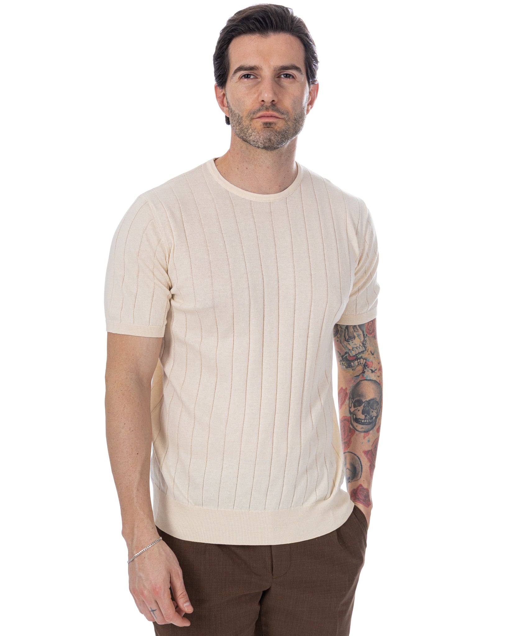 Adriano - t-shirt a coste in maglia panna