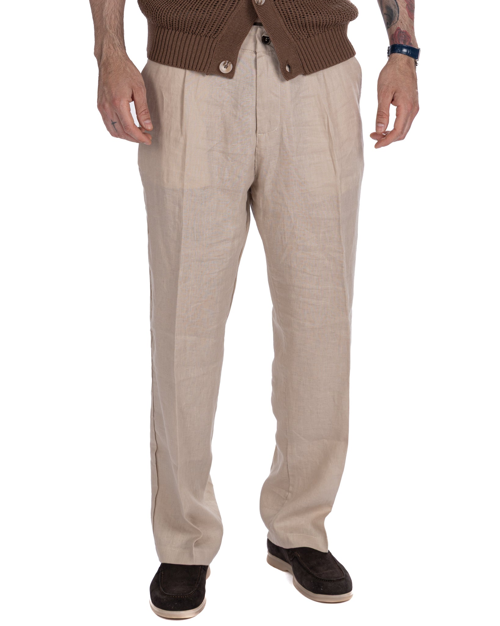 Lucas - pantalone largo in puro lino spago con pinces