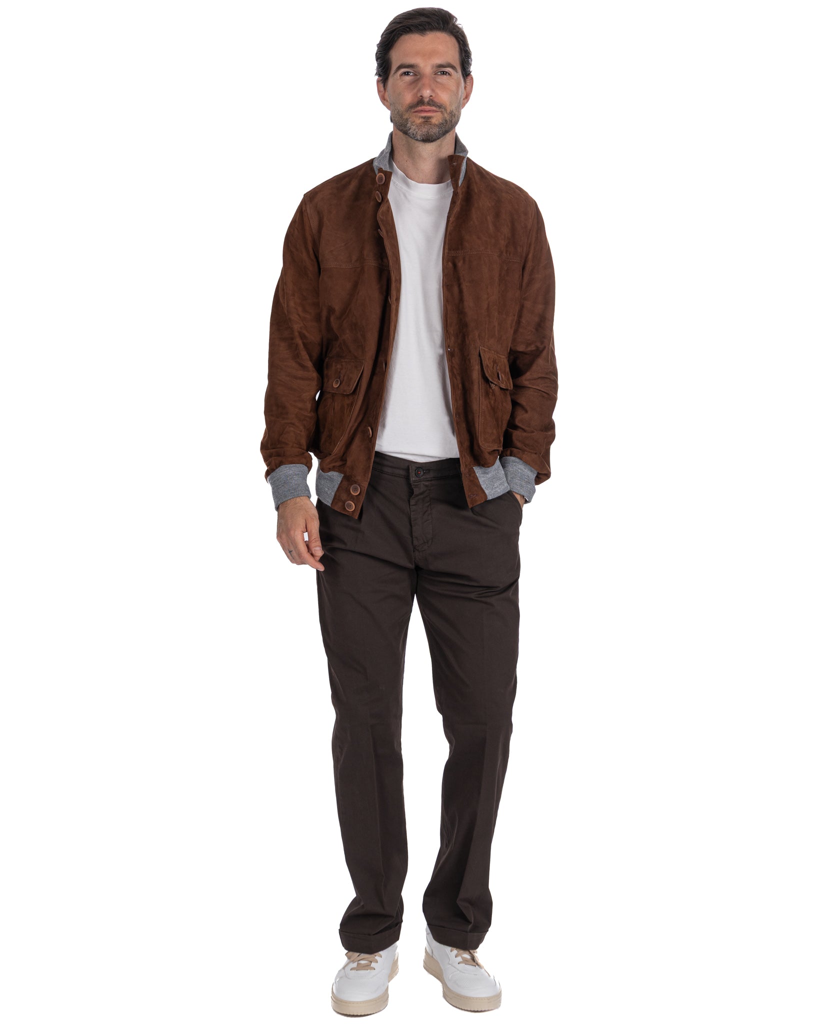 Bomber con bottoni scamosciato cammello