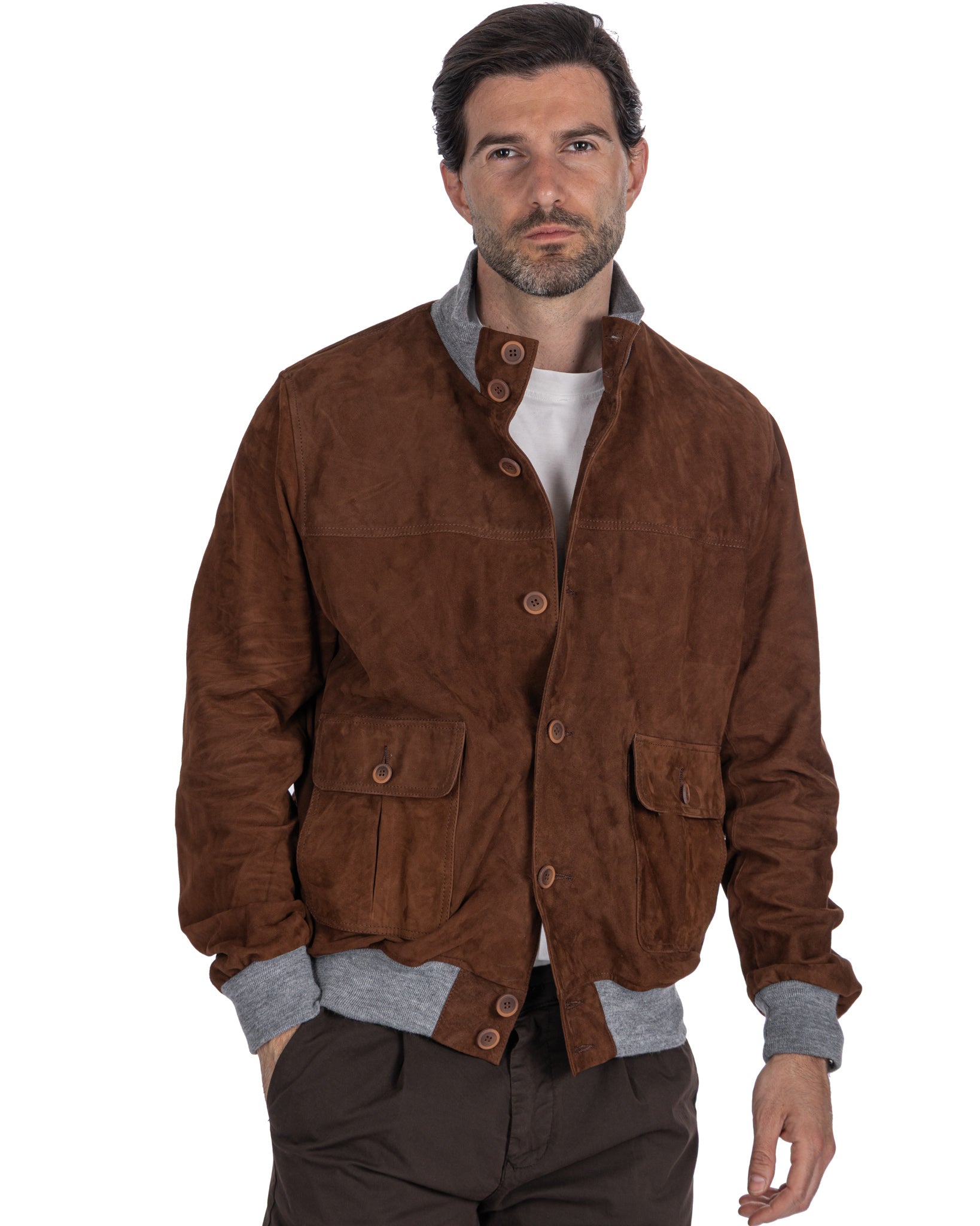 Bomber con bottoni scamosciato cammello