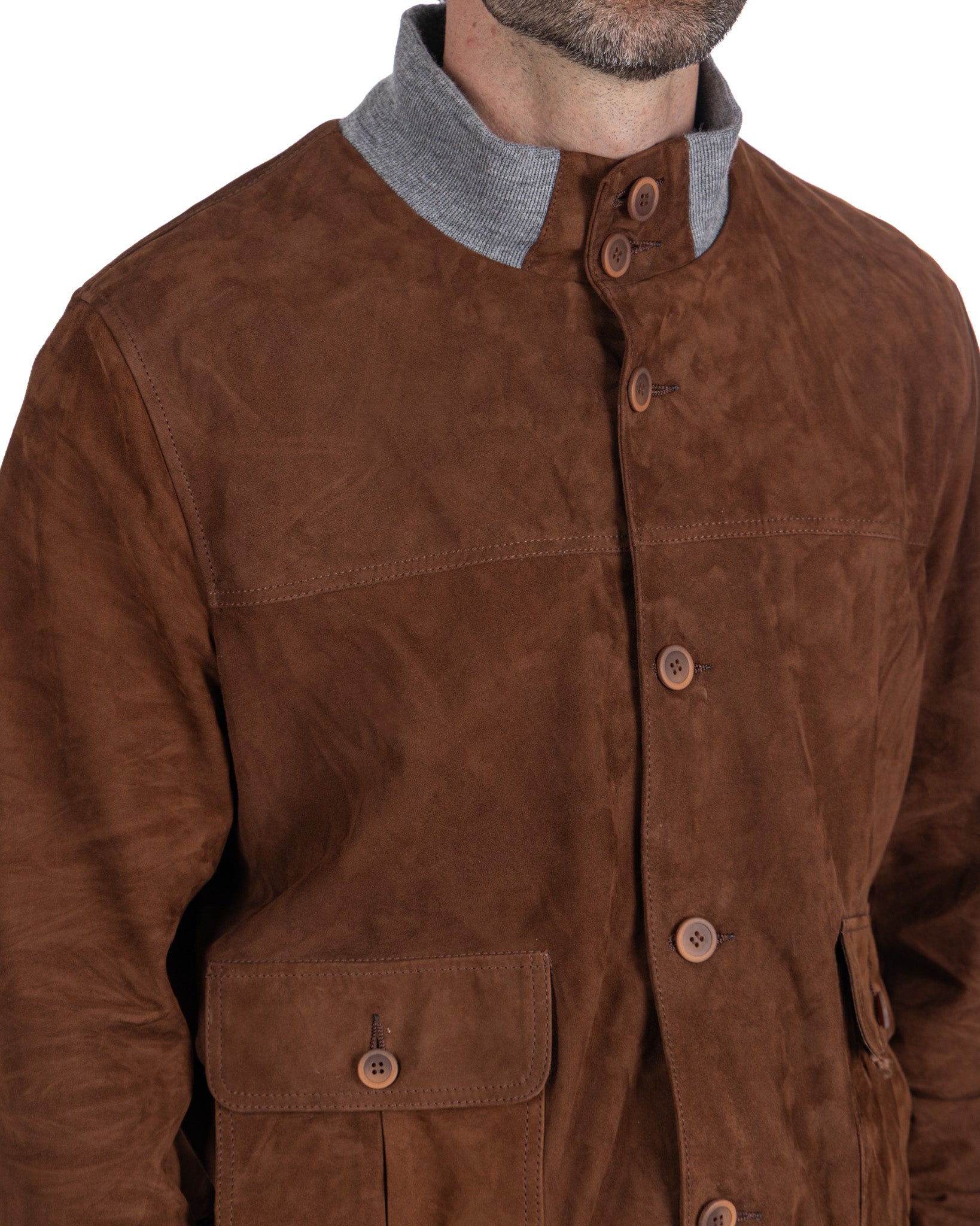 Bomber con bottoni scamosciato cammello
