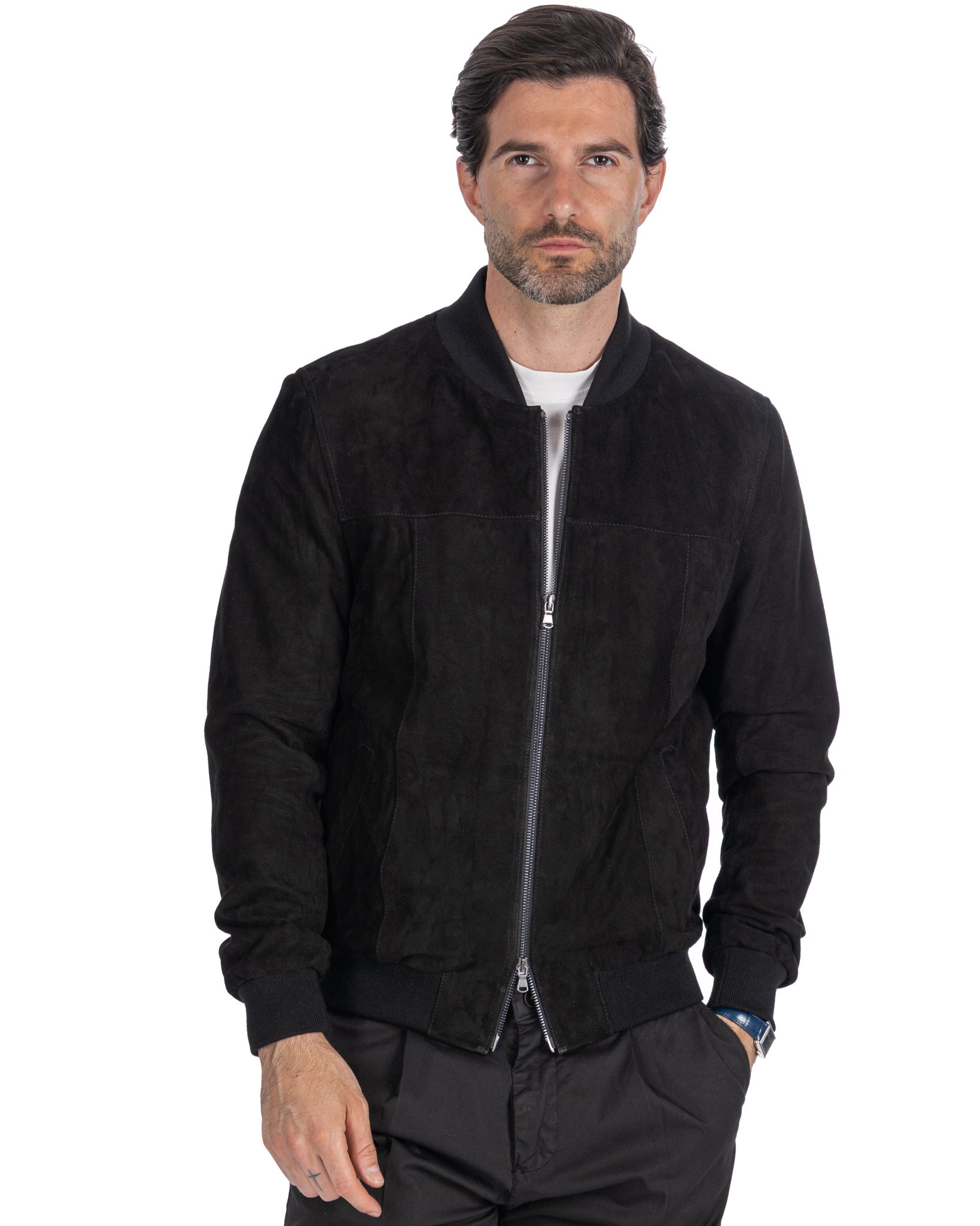 Bomber con zip scamosciato nero