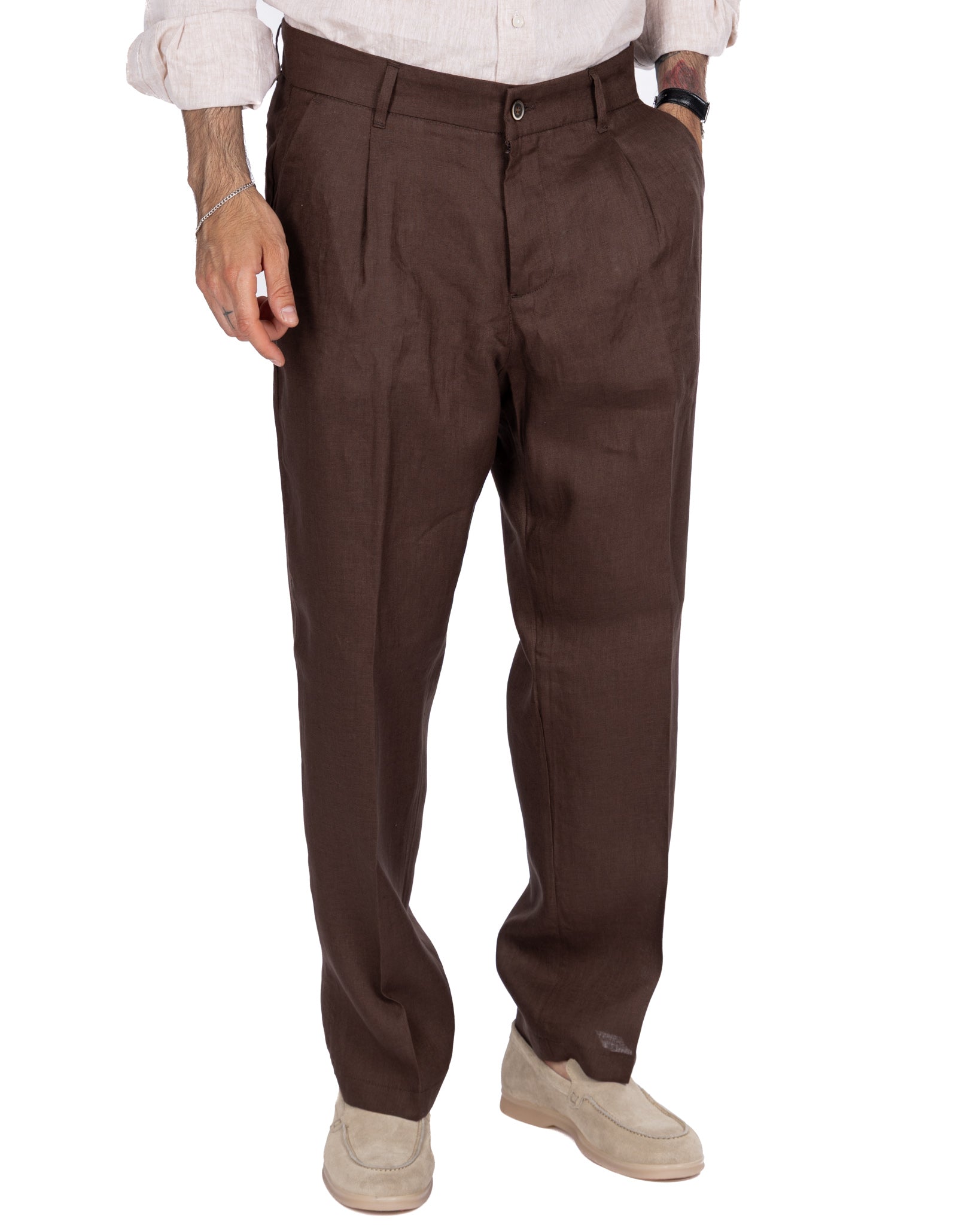 Lucas - pantalone largo in puro lino moro con pinces